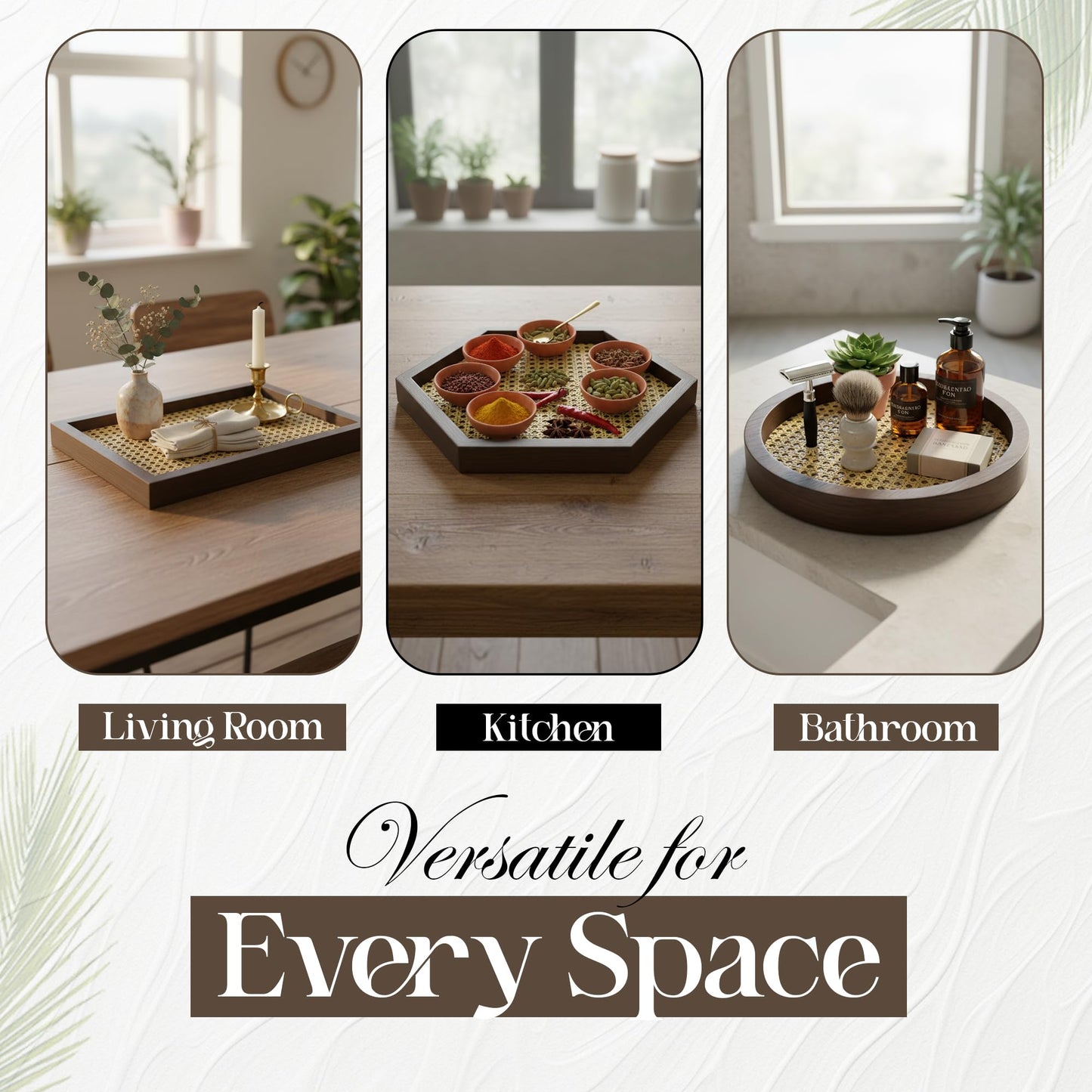 Apolos Co Decorative Tray Set of 3 - Handwoven Rattan Coffee Table Trays with Dark Wood Frame - Modern Boho Design Wicker Tray for Living Room, Centerpiece Décor - Round, Rectangular, Geometric Shapes