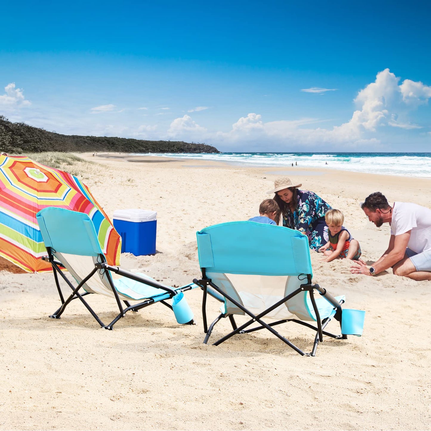 TOBTOS Low Beach Chair for Adults 2 Pack, Low Profile Folding with Cup Holder & Carry Bag, Heavy Duty Chair for Outdoor Sand, Camping, Concert, Travel