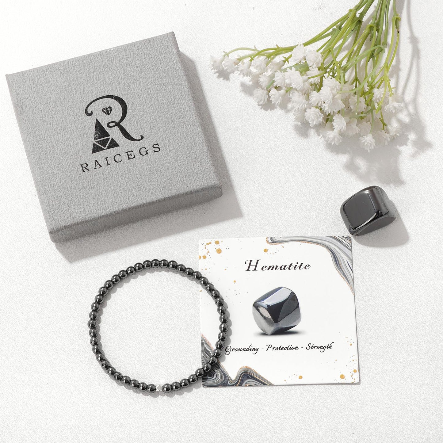 Raicegs 4MM Hematite Beaded Bracelets Healing Crystal Bracelet for Women Men Natural Stone Handmade Stretch Bracelet Reiki Spiritual Jewelry