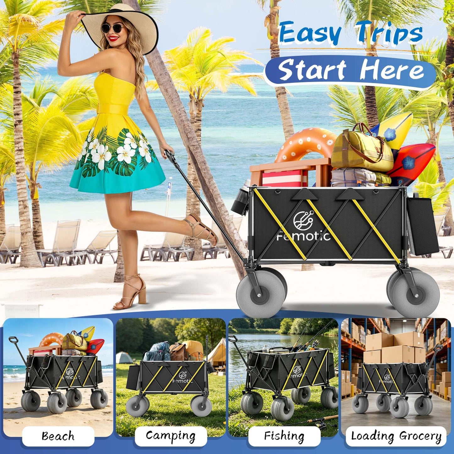 Beach Wagon with Big Wheels for Sand, 10.5" TPU All-Terrain Wheels, Heavy Duty Folding Wagon, 150L Capacity, Adjustable Handle, Collapsible Utility Cart for Beach, Camping, Garden & Outdoor Sports