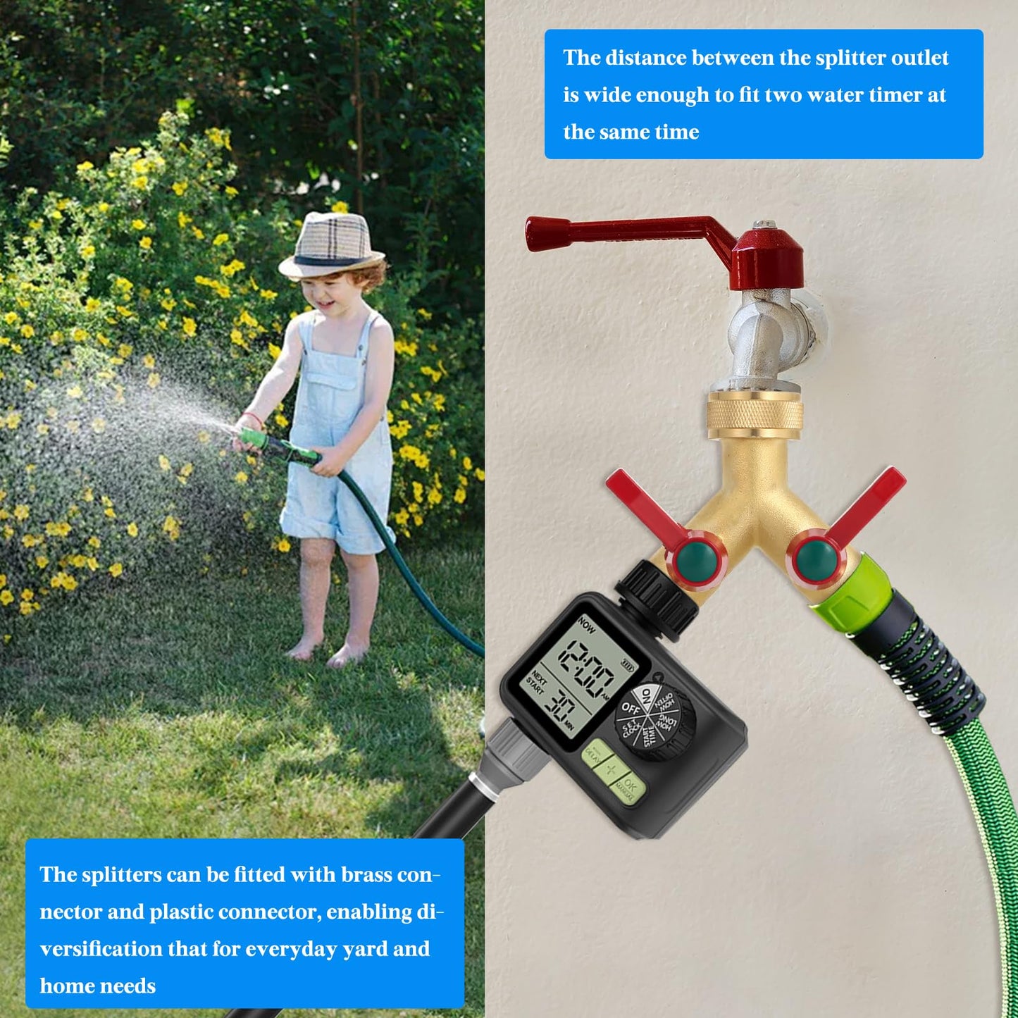 Brass Garden Hose Splitter, 2/3 Way Heavy Duty Outdoor Hose Splitter, 3/4" Hose Y Faucet Splitter with Leak Proof Tape and 2 Extra Rubber Gaskets for Regulating and Shutting Off Water Flow (2 WAY)