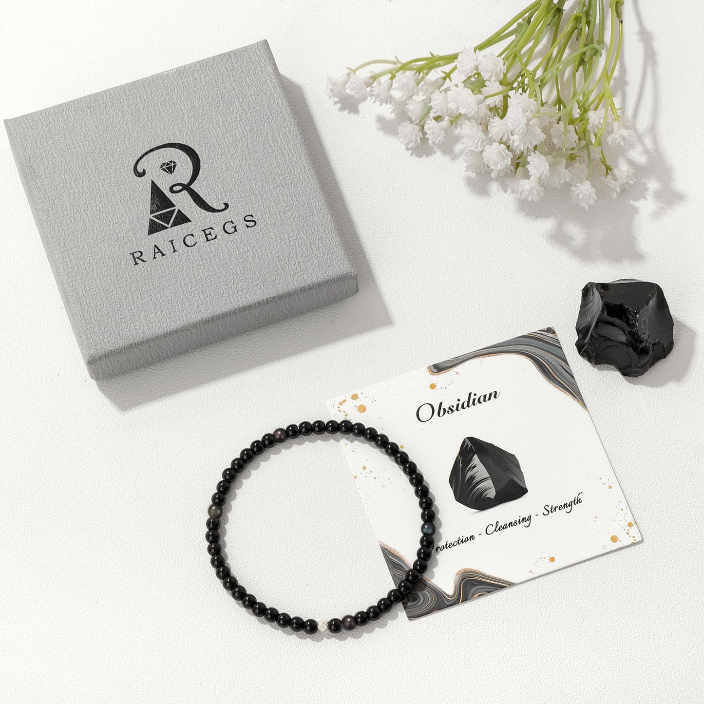 Raicegs 4MM Obsidian Beaded Bracelets Healing Crystal Bracelet for Women Men Natural Stone Handmade Stretch Bracelet Reiki Spiritual Jewelry