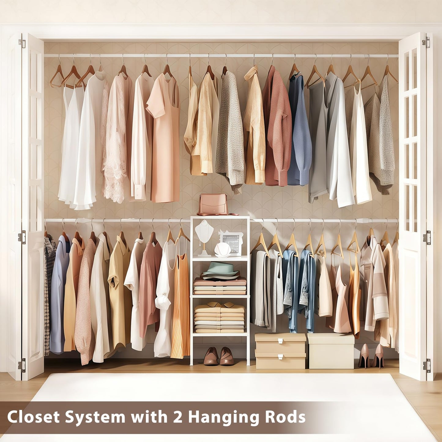 Small Closet System with Shelves, 5FT-8FT Closet Organizer System, Wooden Shelves for Closet with 2 Hanging Rods, Walk-in Closet Organizer, Adjustable Wardrobe Clothes Rack, Garment Rack, Pure White