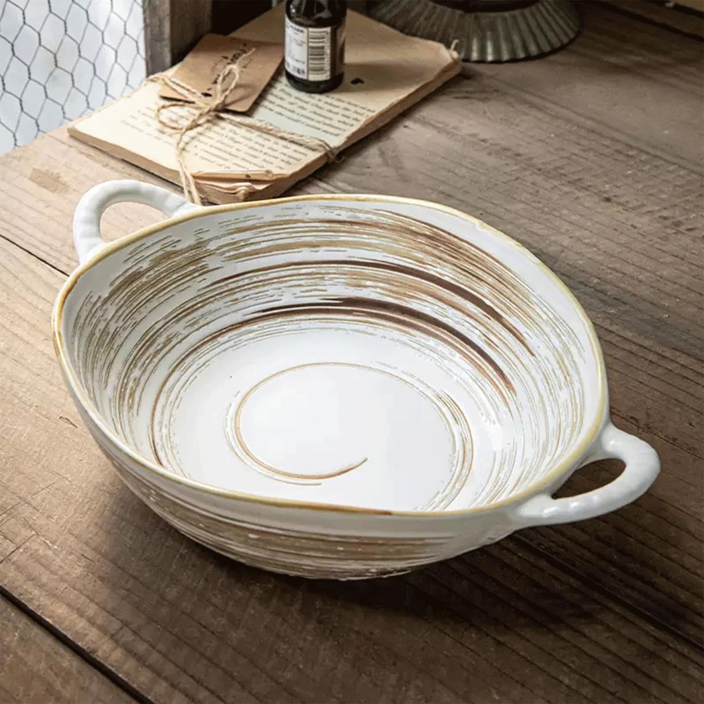 Handcrafted Ceramic Bowl with Handles – 7.7” Free-Form Edge Irregular Bowl Opening, Embossed Spiral Pattern, 700ml – Multipurpose Serving & Decor – Oven, Microwave, Dishwasher Safe