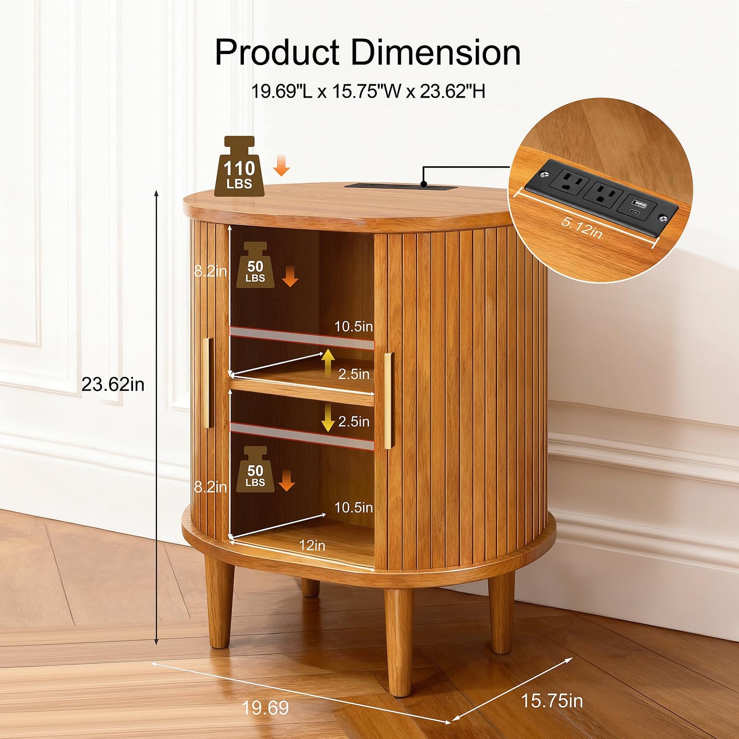 DHH Mid Century Modern Nightstand with Charging Station, Fluted Accent Side Table with Sliding Door & Adjustable Shelf, End Table for Small Space, Living Room, Bedroom,Sofa Couch(1, Yellow)