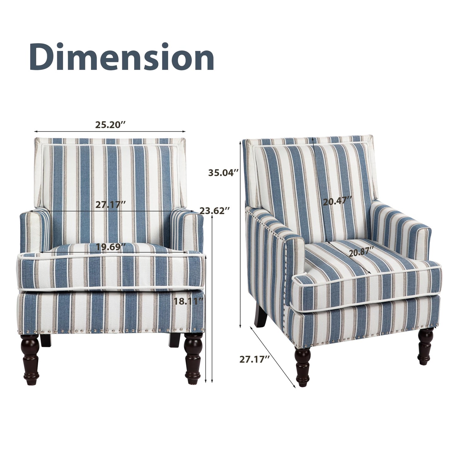 WakeZero Accent Chair, Comfy Cozy Modern Mid-Century Accent Chairs, Linen Upholstered Lounge Arm Chair with Solid Wood Reading Side Padded Single for Living Room/Office/Balcony/Bedroom-Blue Stripe
