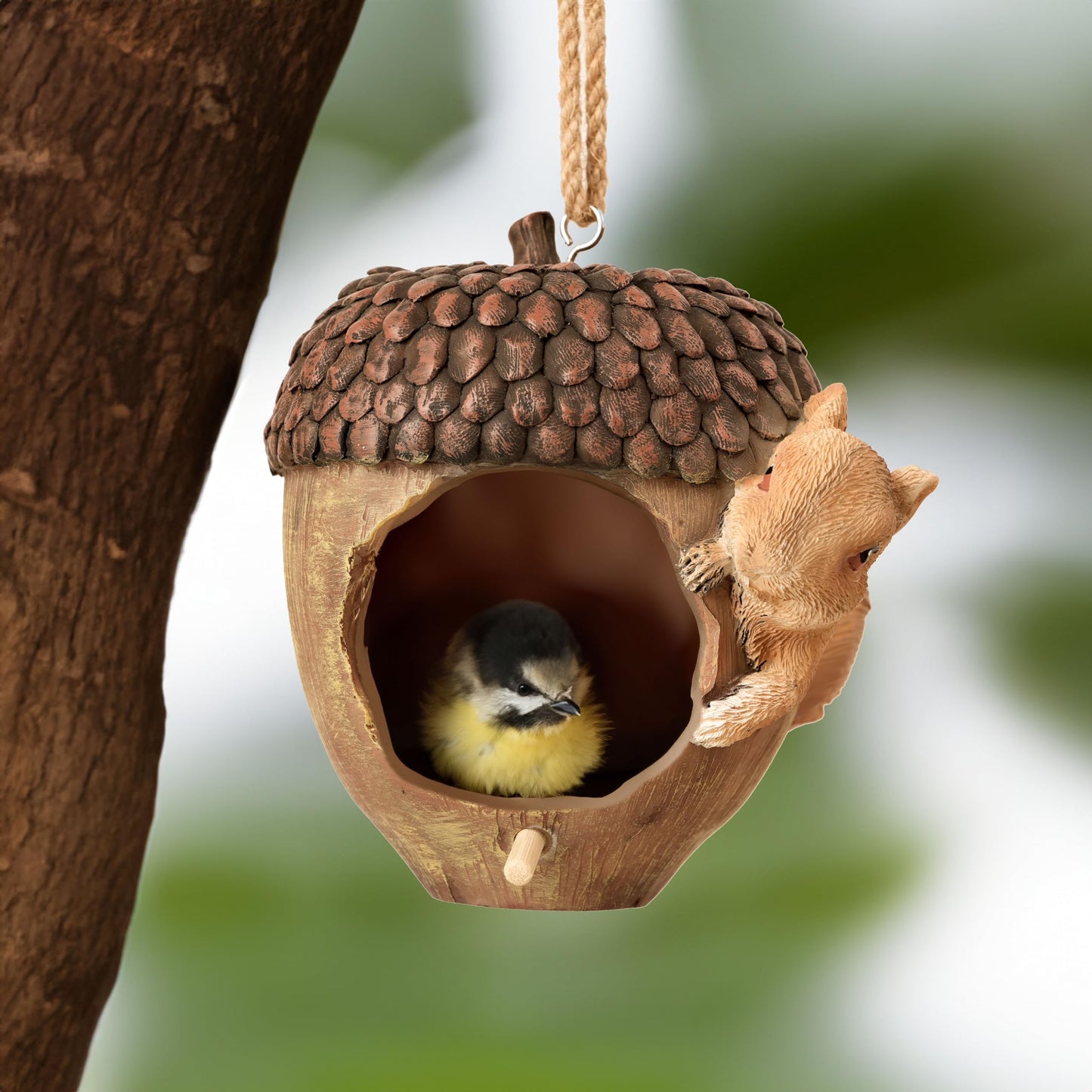 Hvfun Hanging Bird Houses for Outside, Acorn-Shaped Resin Birdhouse with Squirrel Design for Outdoors Decorative Birdhouses,