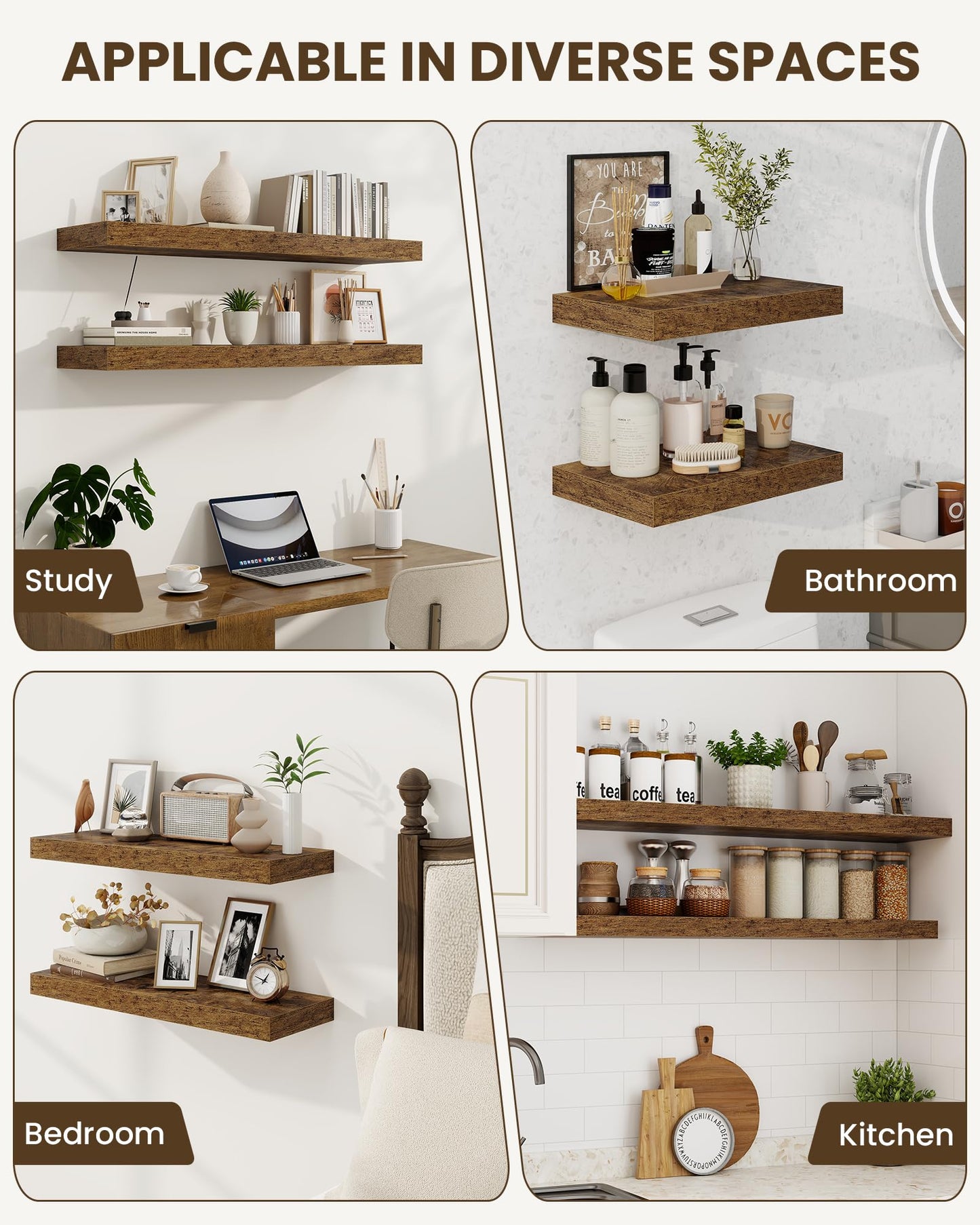 Marsmiles 30" Floating Shelves for Wall, Wooden Shelves with Invisible Brackets Set of 2, Rustic Farmhouse Wall Mounted Shelf for Kitchen Bathroom Living Room Study, Rustic Brown