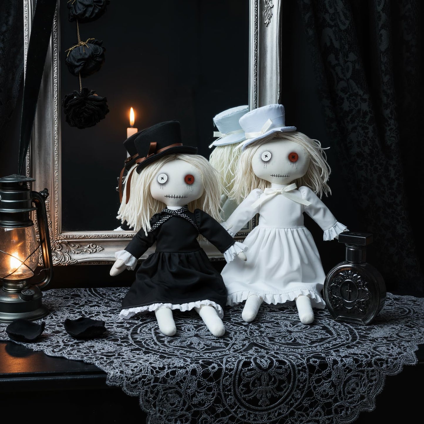 AiMiAO 2 Pack Gothic Rag Dolls, Halloween Decorative Dolls with Hats, Creepy Cute Fabric Dolls for Spooky Party Collection