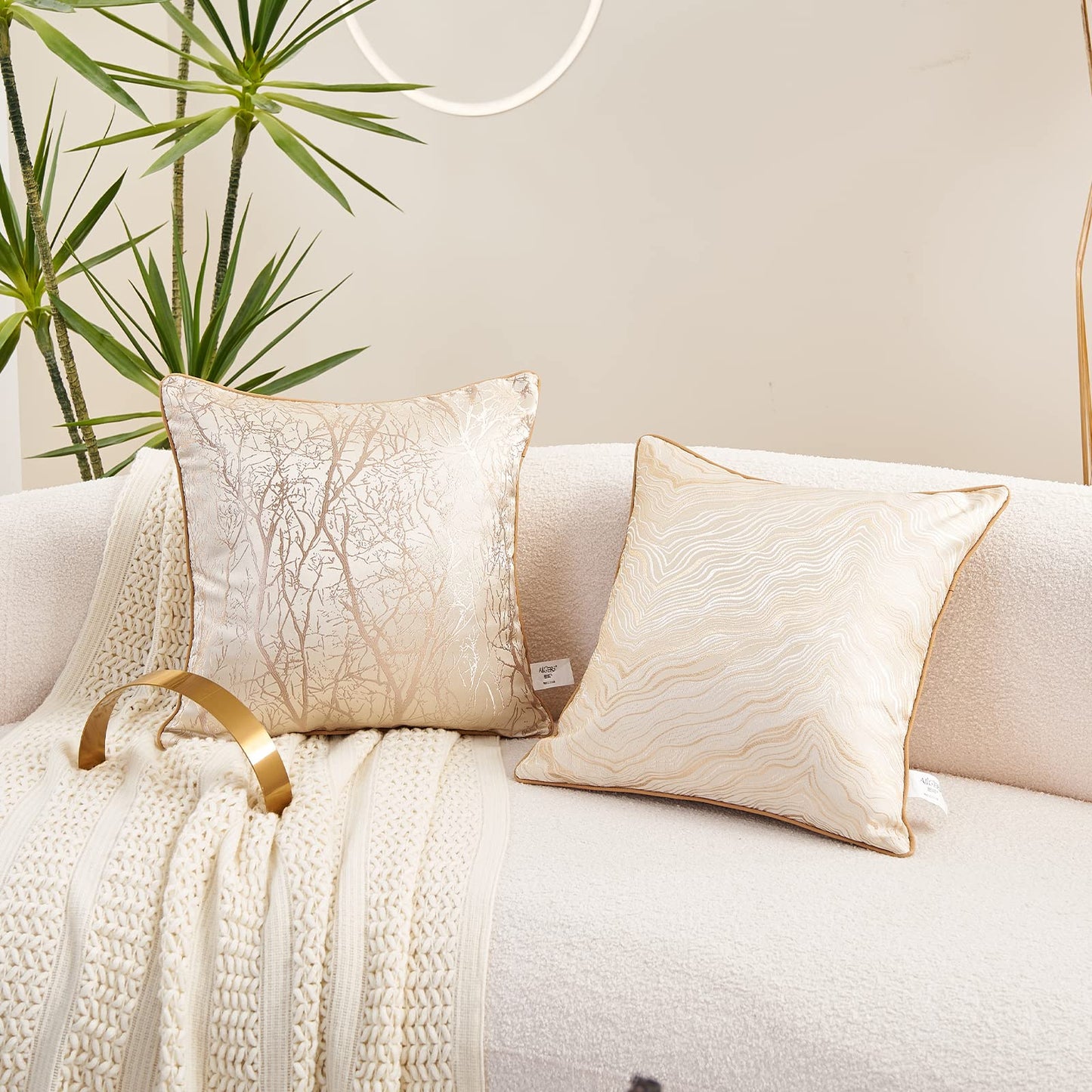 Avigers 20 x 20 Inch Square Beige Brown Gold Tree Branch Embroidery Cushion Case Luxury Modern Throw Pillow Cover Decorative Pillow for Couch Living Room Bedroom Car