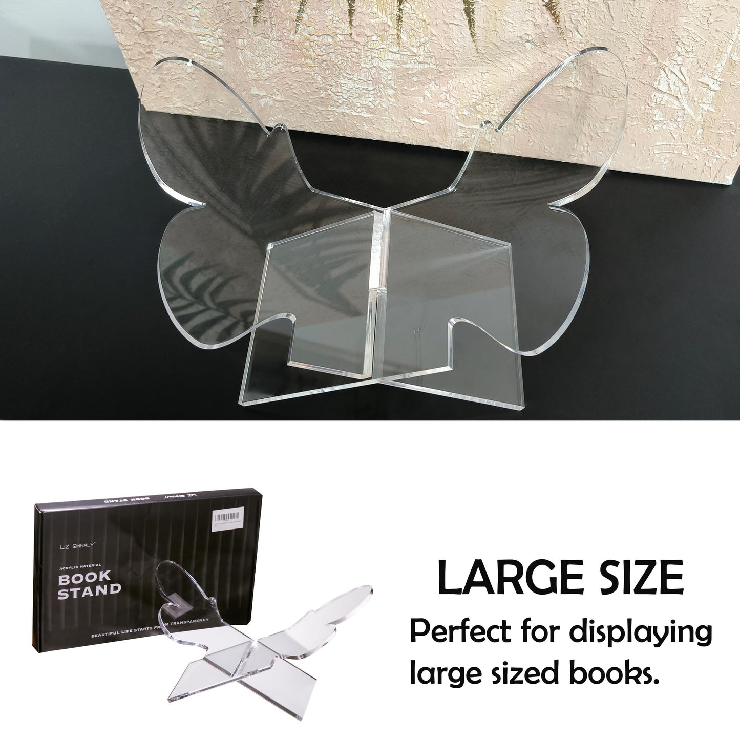 Large Butterfly Clear Acrylic Book Stand - Perfect for Displaying Open Book on Your Coffee Table - Ideal for Bibles, Cook Books, Guest Books, Magazines, Each with a Lucite Paperweight