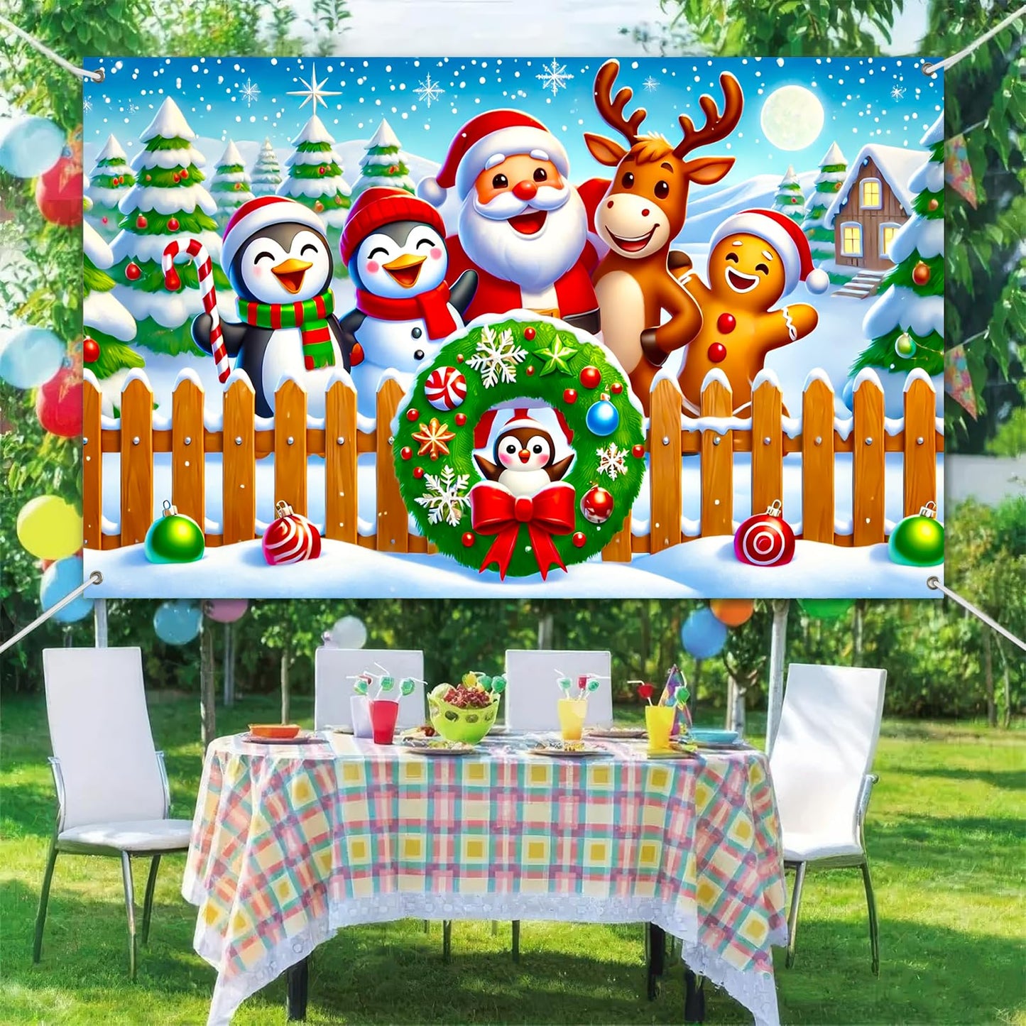 BlissYard Christmas Banner with Santa Claus Penguin Reindeer Gingerbread Snowman Scene Christmas Banner 71x43 Inch Cute Cartoon Holiday Backdrop for Xmas Party Indoor Outdoor Wall Yard Fence Decor