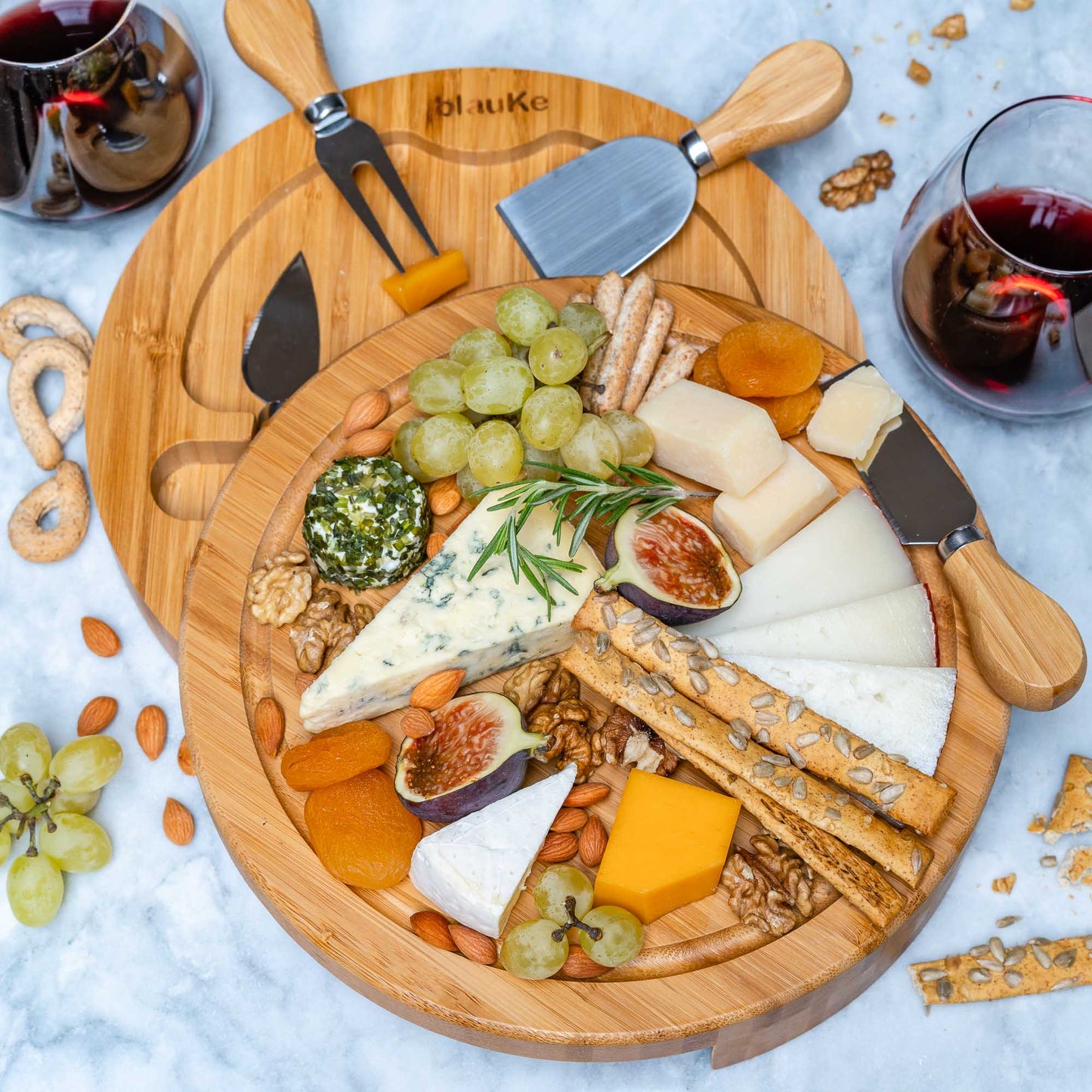Bamboo Cheese Board and Knife Set - 10 inch Round Charcuterie Board, Serving Tray, Platter, Wood Cheese Set - Gift Idea - BlauKe®