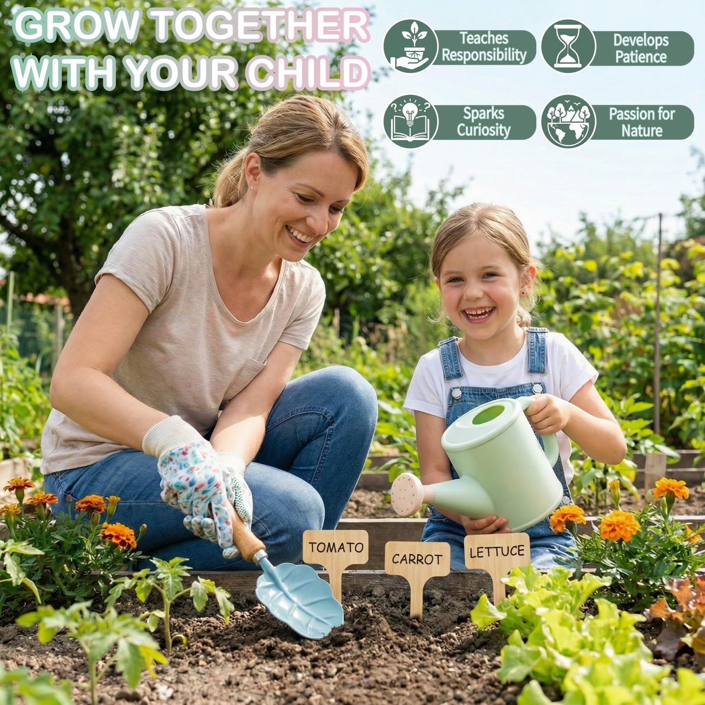 Kids Gardening Set Toys, Garden Tool for Kid with Tote Bag, Repotting Mat, Trowel, Shovel, Fork, Rake, Watering Can and Gloves, Montessori Toy for Kids, Outdoor Toys Gift for Toddlers Boys Girls