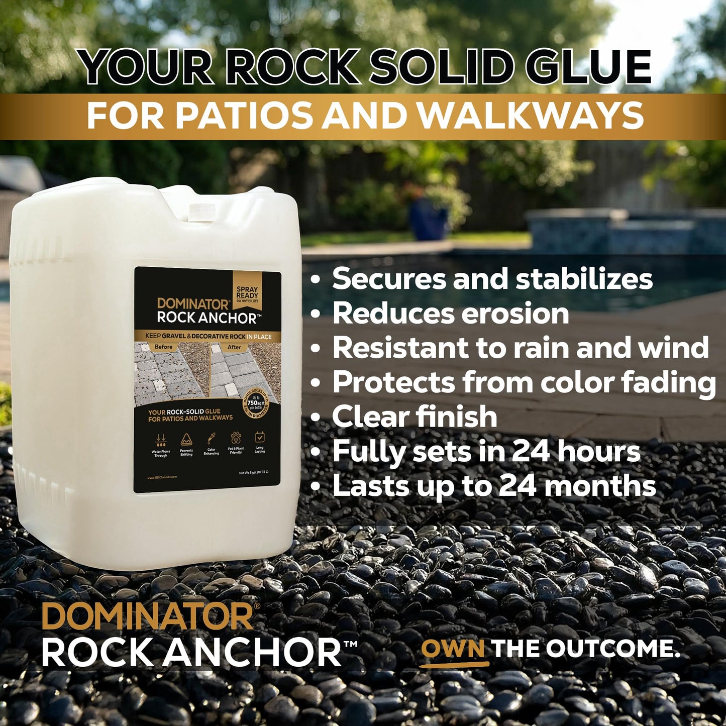 DOMINATOR Rock Anchor 5 Gal - Rock Glue for Landscaping Gravel & Stone, Ready to Spray, Locks in River Rock, Pea Gravel & Decorative Rock, Prevents Scattering & Washouts, Water-Based