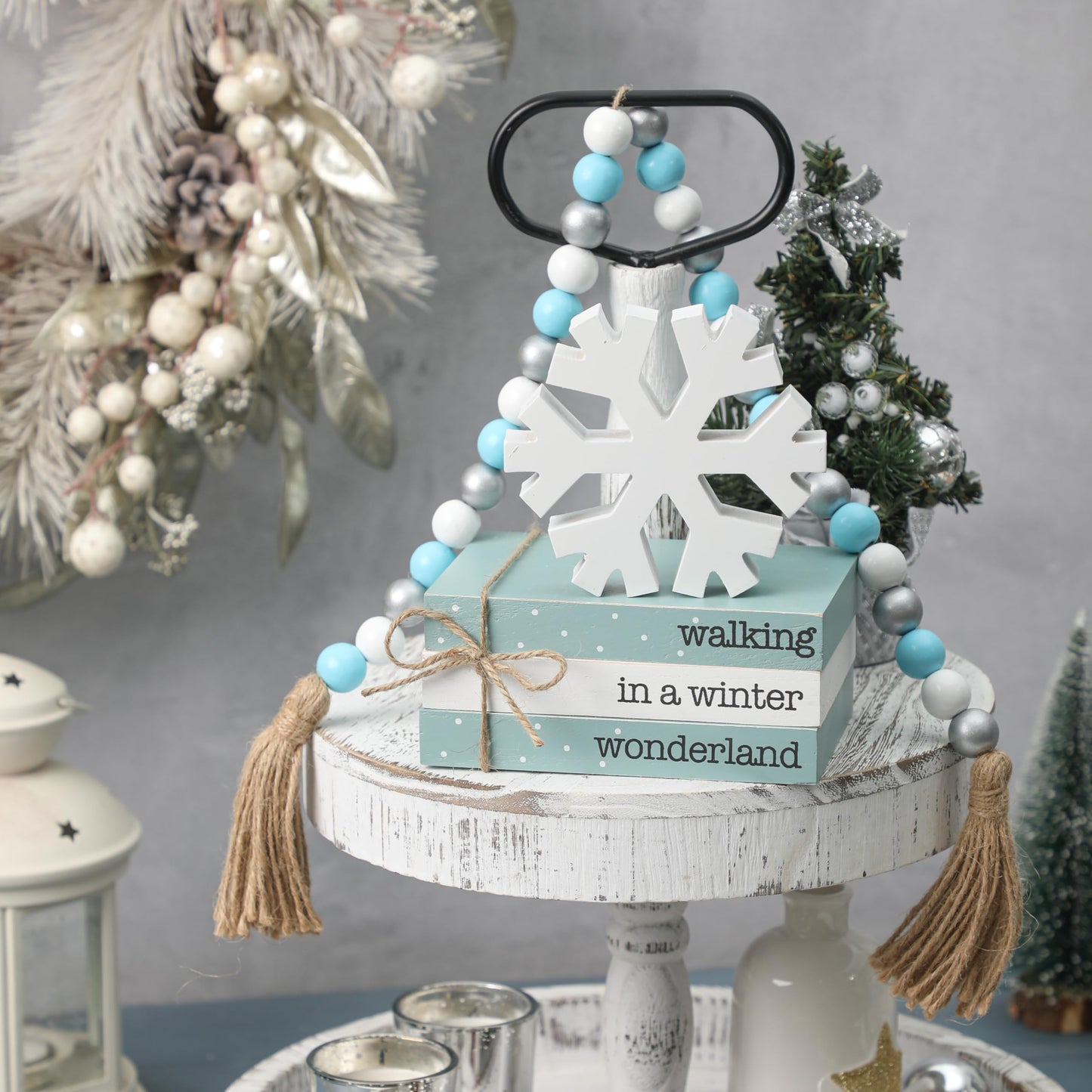 WODOHOLO 5Pcs Winter Wooden Tiered Tray Decor, Wooden Book Stacks Bundle with Snowflake Table Decor, Blue Xmas Rustic Farmhouse Tabletop Centerpieces Home Kitchen Decoration