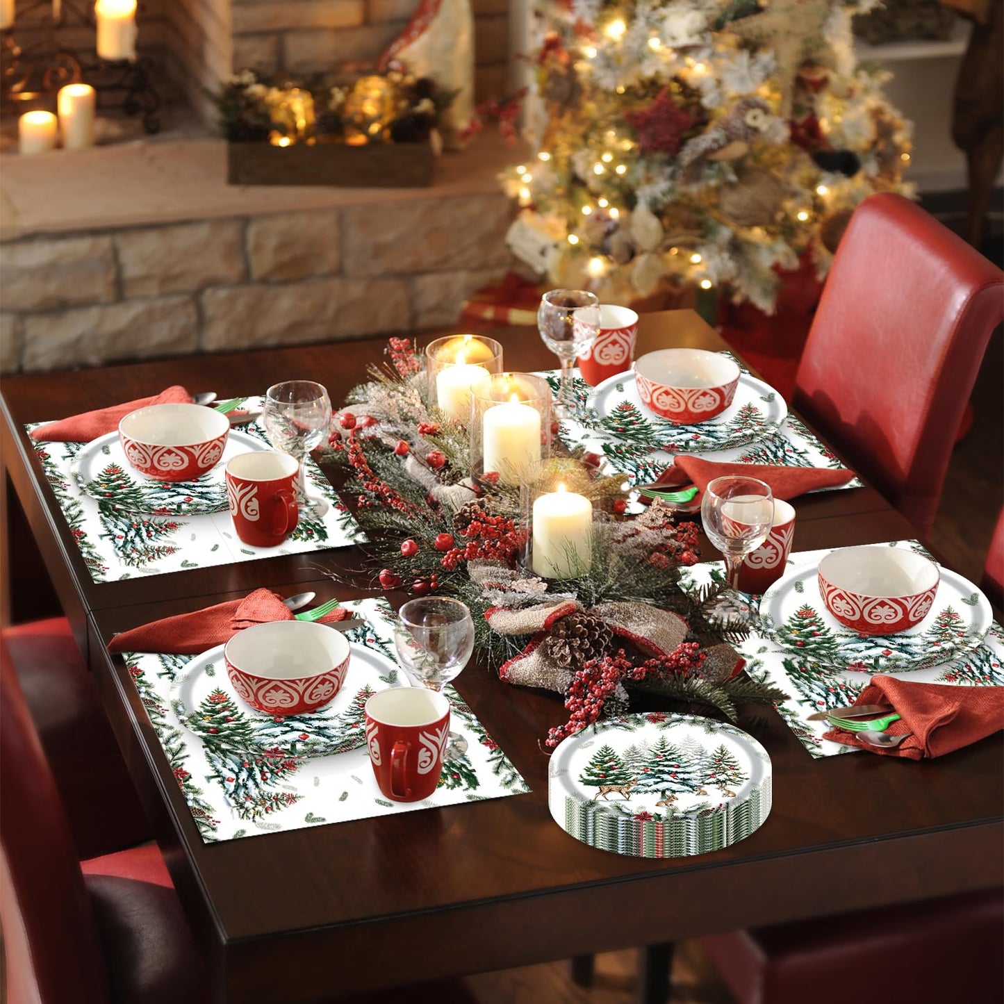 96 Pieces Christmas Tree Party Tableware Set – Holiday-Themed Disposable Plates, Napkins, and Green Forks for Christmas Dinners, Winter Parties, and Seasonal Celebrations – Serves 24 Guests