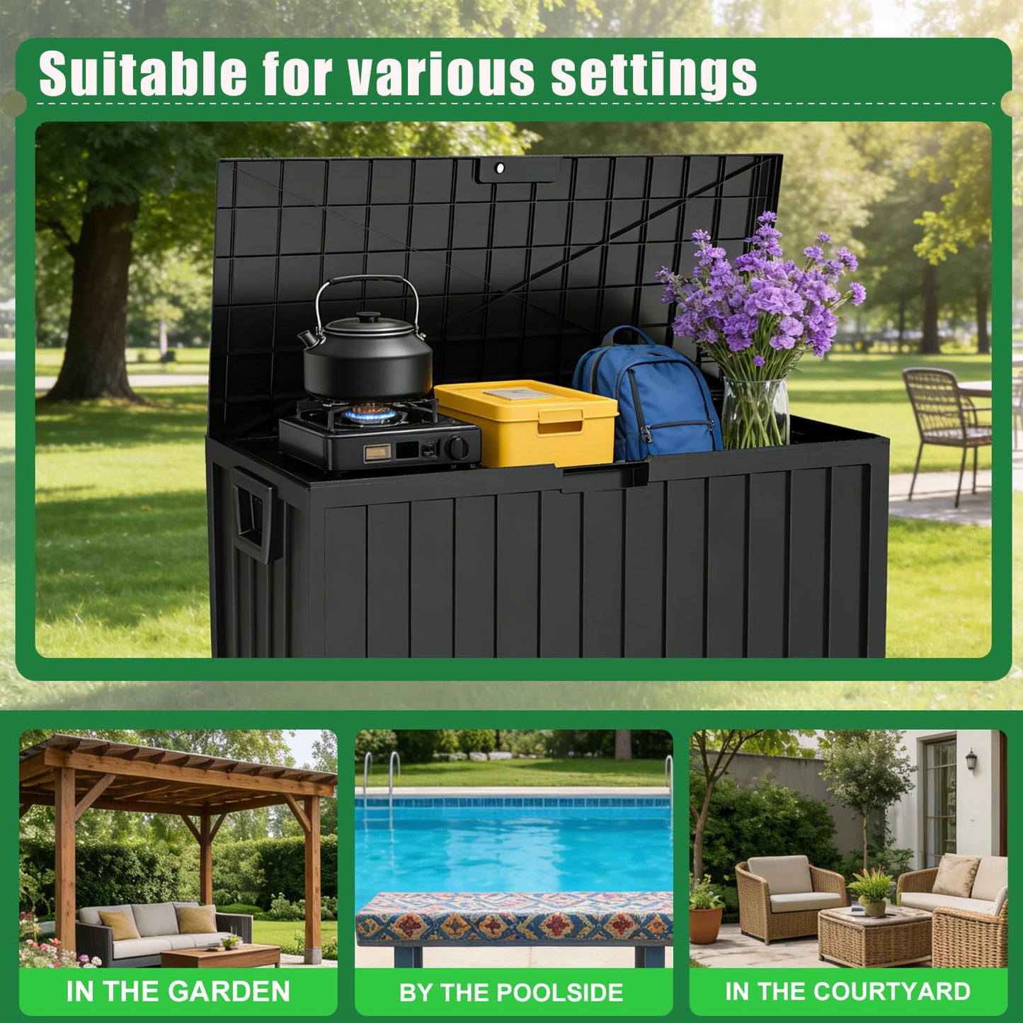 ZEUKMXOO 75 Gallon Outdoor Storage Box Waterproof,350LBS Lockable Patio Storage Box for Patio Cushions,Garden Tools and Tools Storage,Outside Storage Box-Black