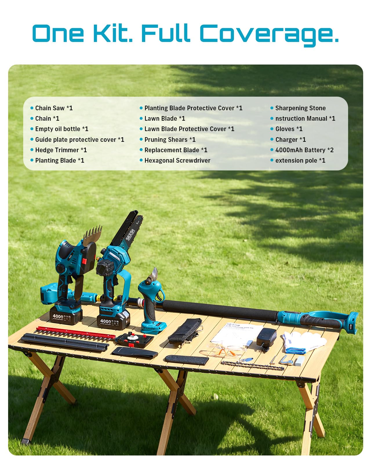 SEESII Cordless Pole Chainsaw, Hedge Trimmer, Pruning Shears, 4000mAh Battery Powered Extendable Garden Tool Kit for Outdoor Use, Electric Long Reach Saw, Hedge and Grass Trimmer, Pruner for Yard Care