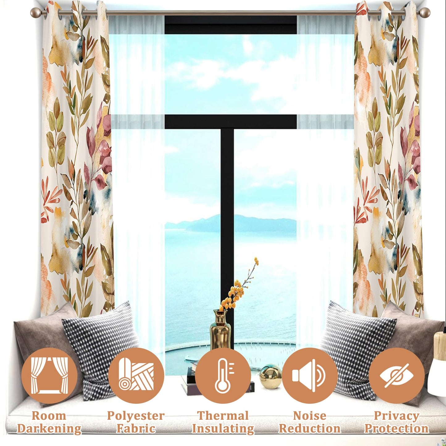 Renaiss Printed Decorative Curtains for Living Room Modern Beige Leaves Pattern Window Drapes & Curtains 2 Panels Set, Thermal Insulated Fabric Room Darkening Curtains Pretty Home Decor 53" W x 84" L