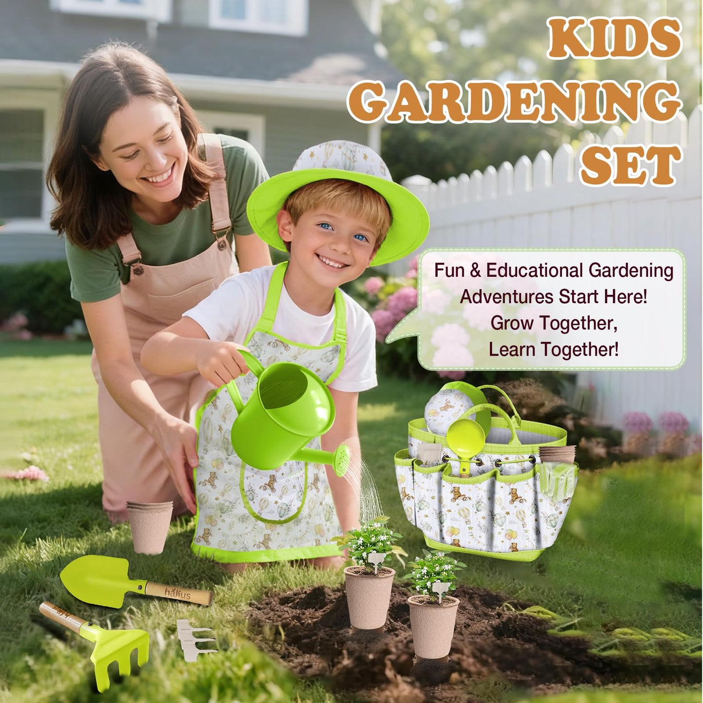 Kids Gardening Tool Set 18PCS Kids Toddler Gardening Set Includes Tote Bag Watering Can Apron Hat Rake Shovel Spoon Gloves Plant Pots and Labels, Outdoor Toys Gift for Boys Girls (Green)