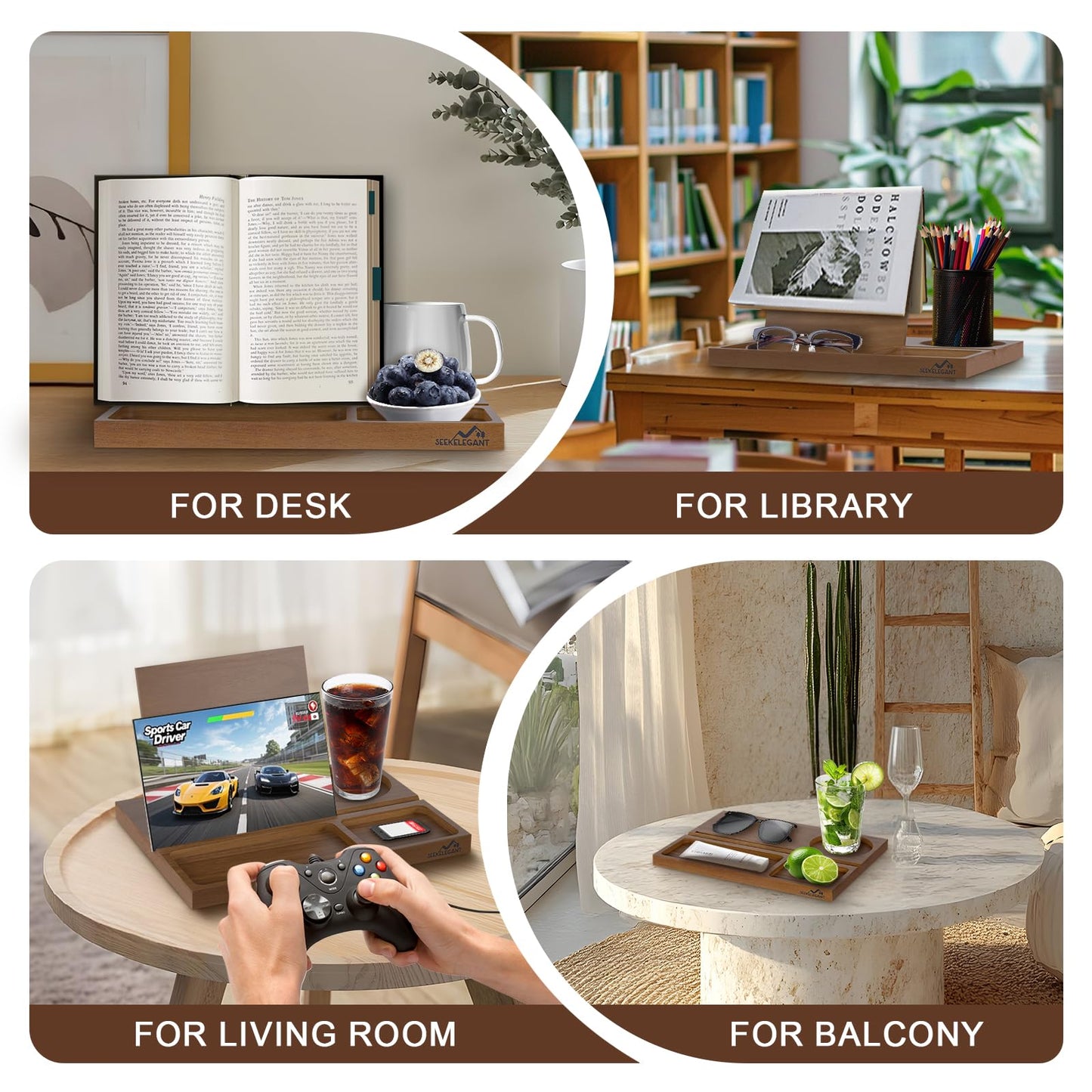 Acacia Book Nook Reading Valet Stand, Wooden Book Stand for Reading Rest, Triangle Books Holder with Cup, Pen, Phone & Earphone Holder, for Nightstand Bedside Desk Library and Book Lover Gifts