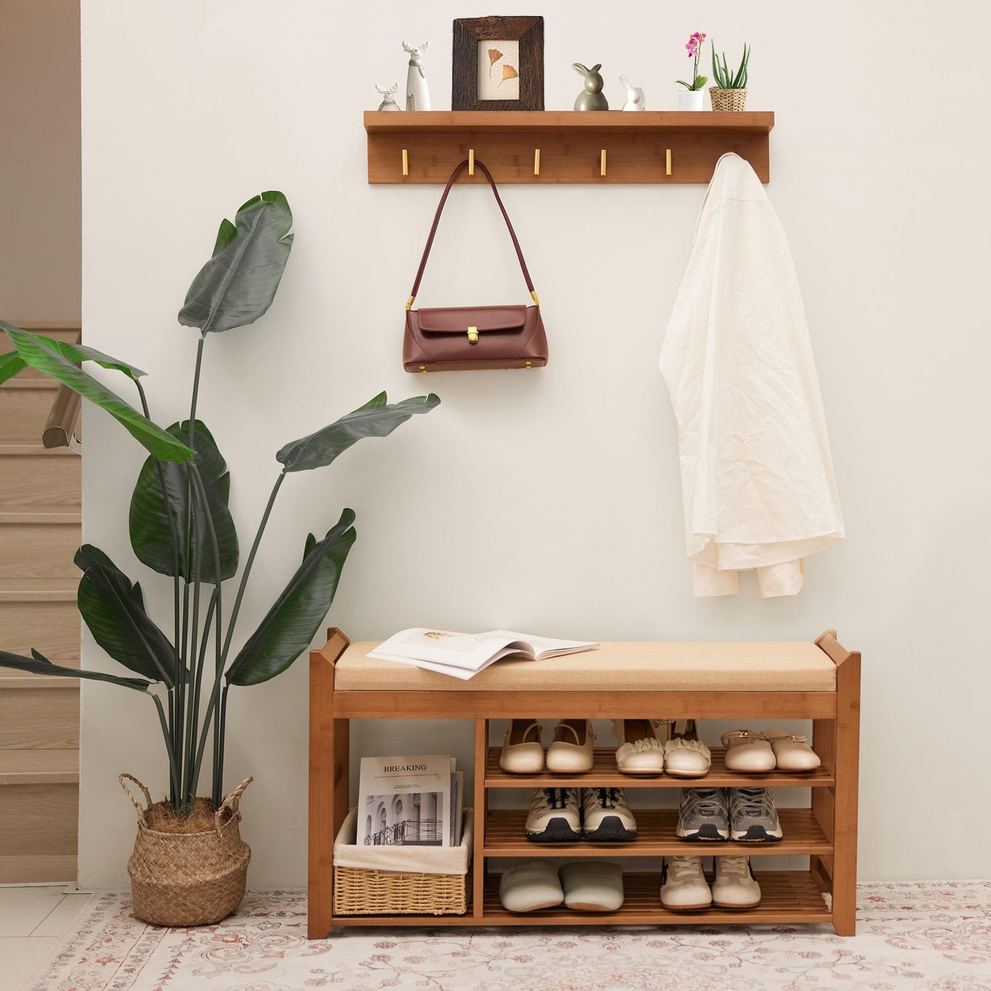 PETKABOO Hall Tree with Bench and Shoe Storage, Coat Rack Shoe Bench Set with Seat Cushion and 6 Hooks for Entryway, Hallway, Living Room and Bedroom