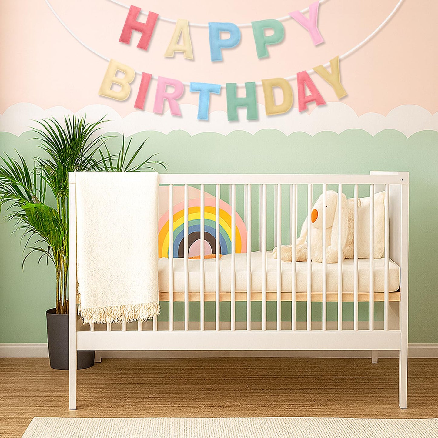Felt Happy Birthday Banner, Pre-Strung 3D Birthday Rainbow Garland, Reusable Decorations Sign, Handmade Felt Banner for Women Girl, Party Decor, Photo Prop, Macaron