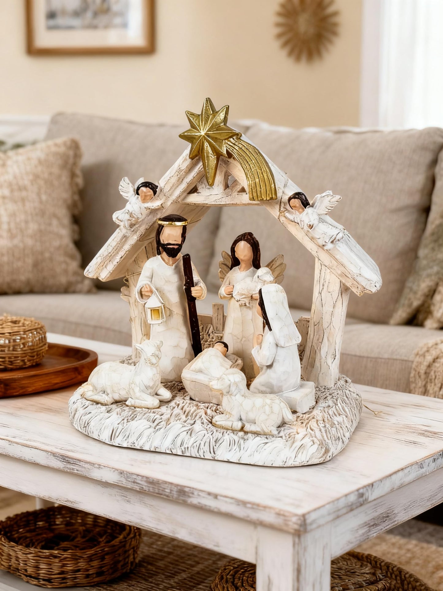 WANCHIY Nativity Set Indoor– Nativity Scene with Manger, Christmas Nativity Sets & Figures with LED Lights, Christmas Decorations Indoor for Home Display