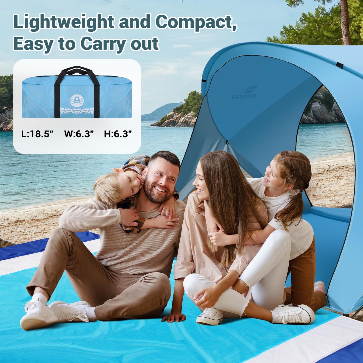 AugFir Beach Tent Sun Shelter, Beach Tent with Beach Mat Set, 4 Person Portable Beach Shade Canopy with UPF 50+ UV Protection, Dual-Door Ventilation Design, Easy Setup Family Beach Umbrella (Blue)