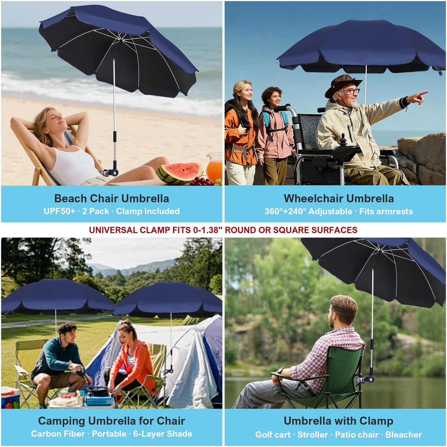 Blissun 2 Pack Chair Umbrella with Clamp, Adjustable Umbrellas for Chair, UPF50+ Sun Shade Umbrella for Beach Chair, Wheelchair, Camping Chair, Patio Chair, Golf Carts, Navy Blue