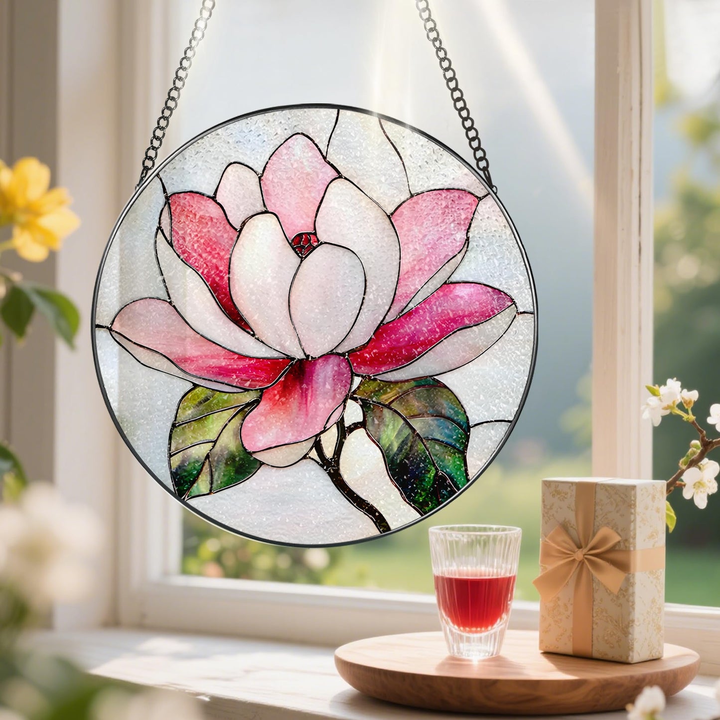 8-Inch Stained Glass Ornament, Stained Glass Window Hanging, Window Hanging Decor Suncatcher, Magnolia Flower Ornament | Holiday, Mother's Day, Birthday | Gifts for Nature and Garden Lovers
