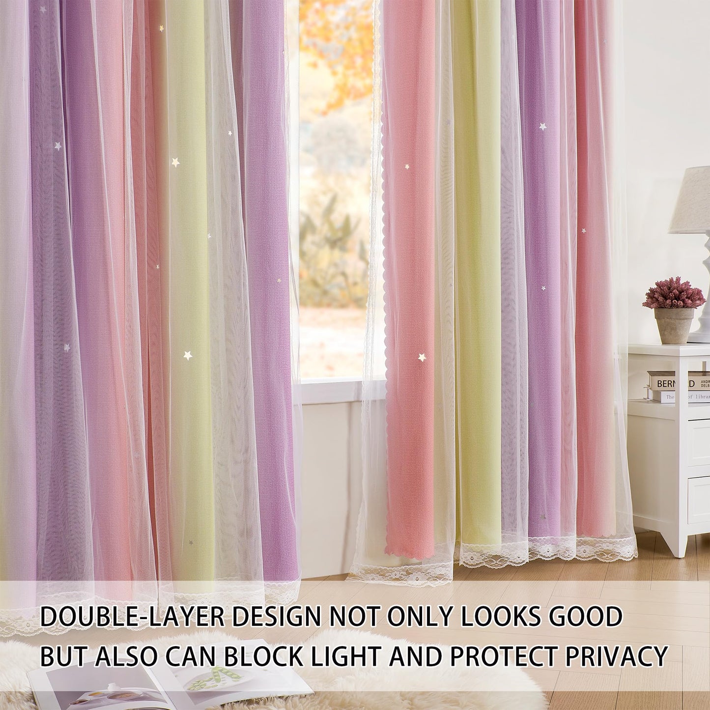 XiDi Curtains for Girls Bedroom Decor Kids Blackout Curtains for Nursery Room Darkening Rainbow Princess Unicorn Wall Decals Little Girl Pink Yellow Purple Grommet Top 34x63 Inches Long 2 Panels Set