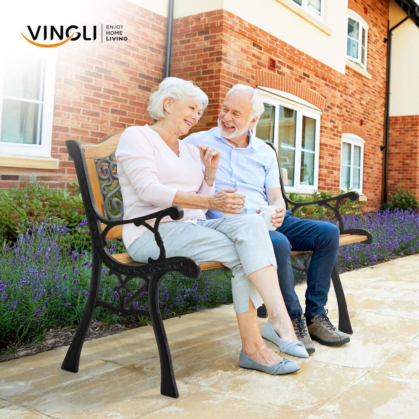 VINGLI Classic Cast Iron & Teak Arched Back Rectangular Outdoor Bench, 3-Seater, 470 lbs Capacity, Easy Assembly, Weather Resistant, 49.5" W x 20.5" D x 29" H