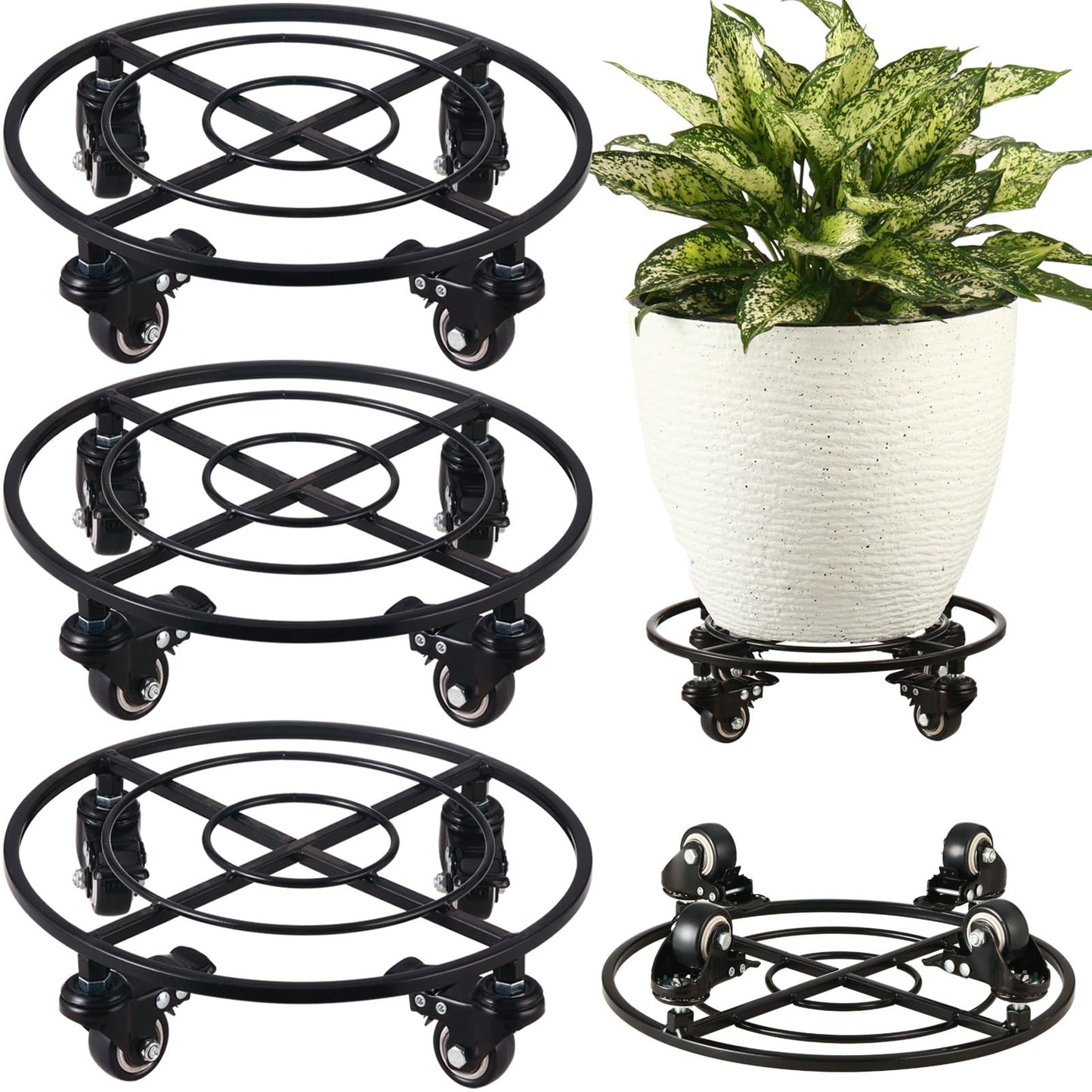 KvyusFlourish 3 Packs Large Metal Plant Caddy with Wheels 13.6" Rolling Plant Stands Heavy-Duty Wrought Iron Plant Dolly Plant Rollers Planter Mover with Casters