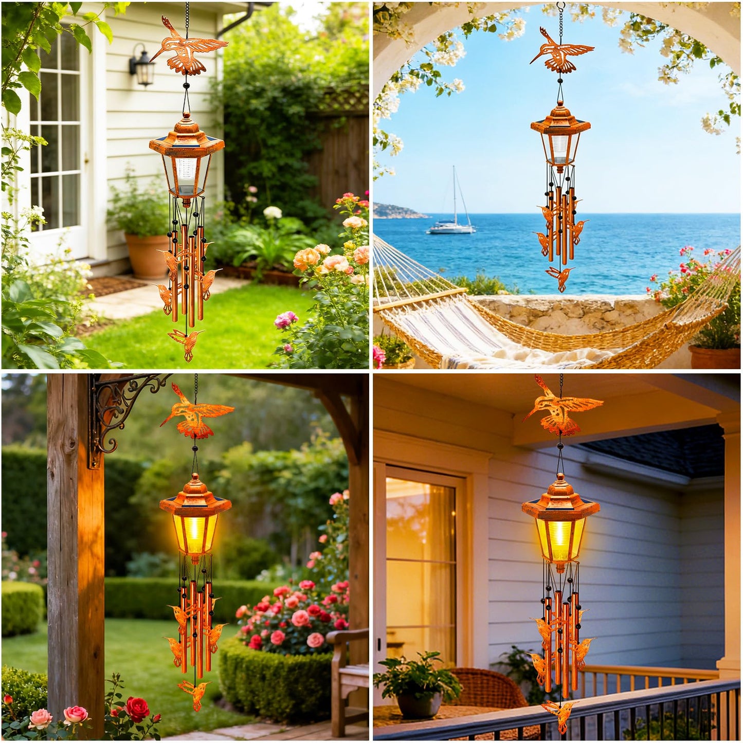 Hummingbird Solar Wind Chimes for Outside, Birthday Gifts for Mom Women Grandma Mother's Day Memorial, 34-Inch Windchimes with Wind Spinner, Outdoor Hanging Solar Lights Waterproof Yard Garden Decor