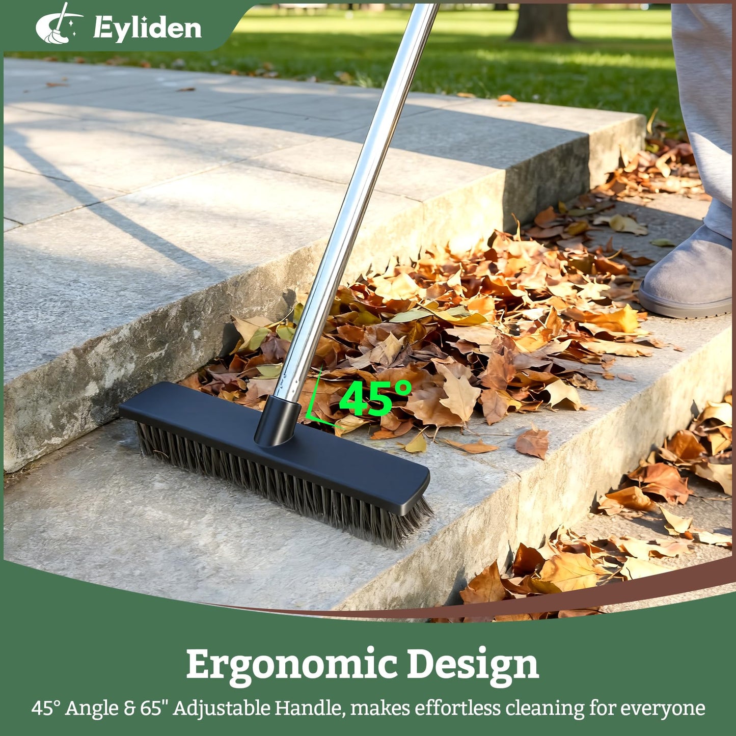 Eyliden Push Broom, Heavy Duty Moss Wire Scrub Brush with Stainless Steel Bristles, 65" Long Handle, Scrubber Brush for Deck, Floor, Concrete, Roof, Patio, Pool Outdoor Cleaning