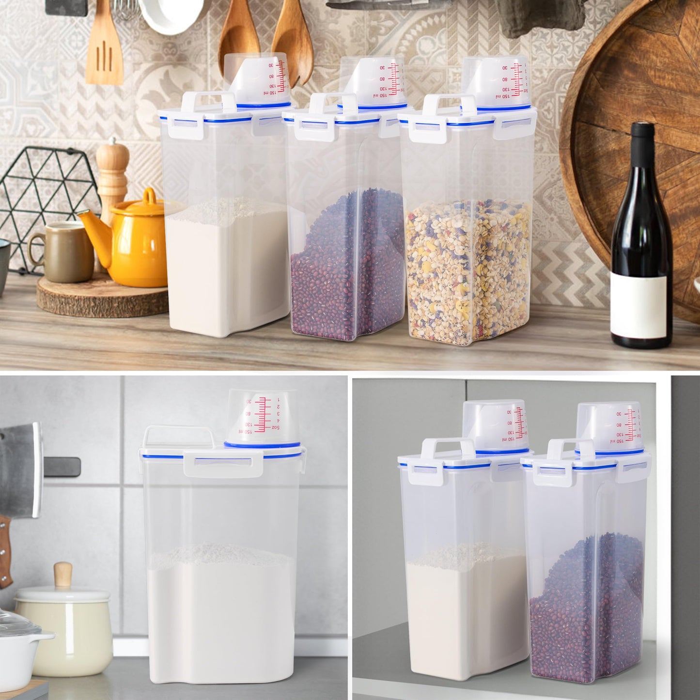 HNNJCK 4 Pcs Set Rice Storage Container 5.5lb, Rice Dispenser with Measuring Cup & Pour Spout for Flour Pasta Grain Pet Dog Cat Bird Food Storage Container
