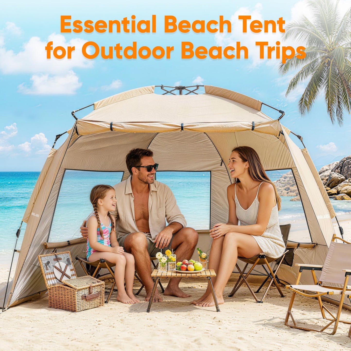Golabs BT1 Pop up Beach Tent Sun Shelter for 3-Person, 1-Minute Setup by Pre-Attached Pole & UPF 50+, Beach Shade with Detachable Floor Mat, Mesh for Clear View & Airflow, only 7 lbs & Pocket and Hook