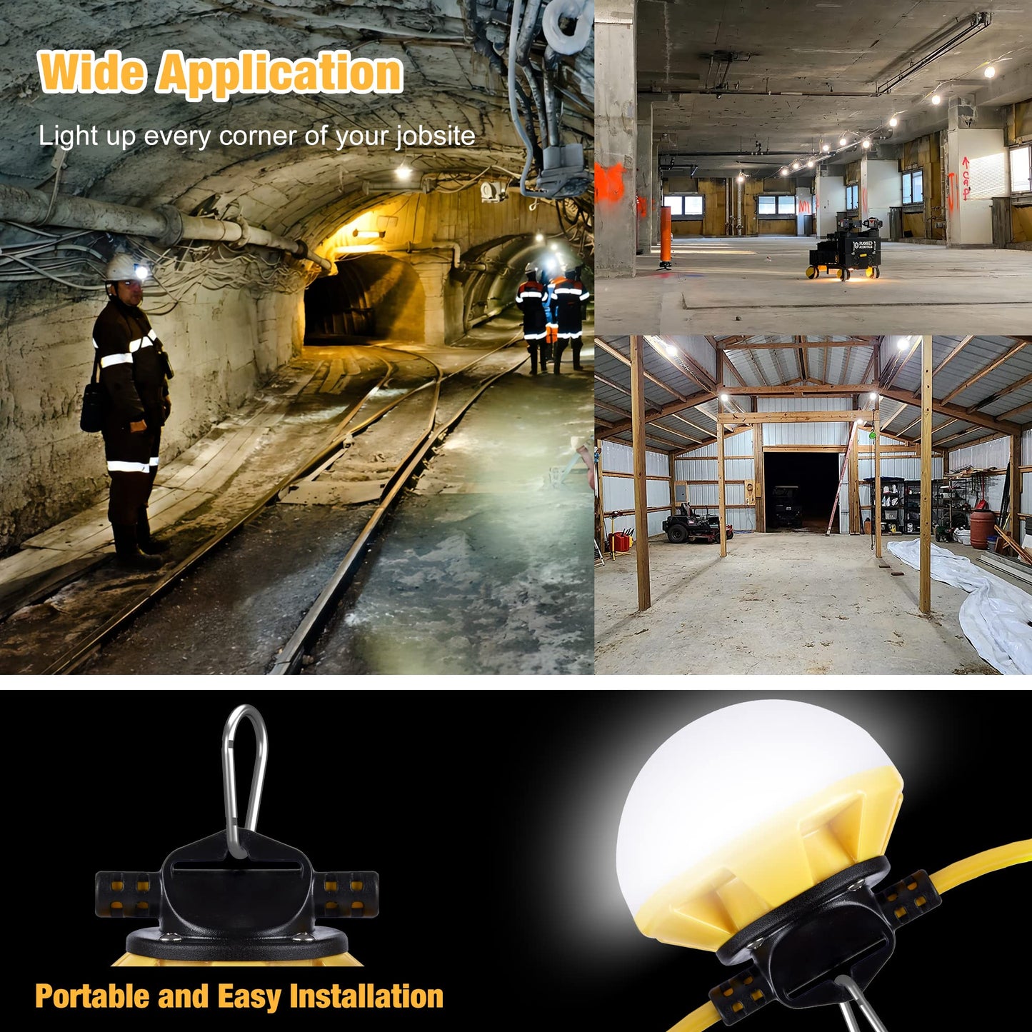 G GJIA 100FT Construction String Lights, IP65 Waterproof ETL Certified LED String Work Lights, 5000K Daylight 18AWG Wire Linkable Temporary Construction Lighting for Jobsite with 10 Bulbs & Hooks