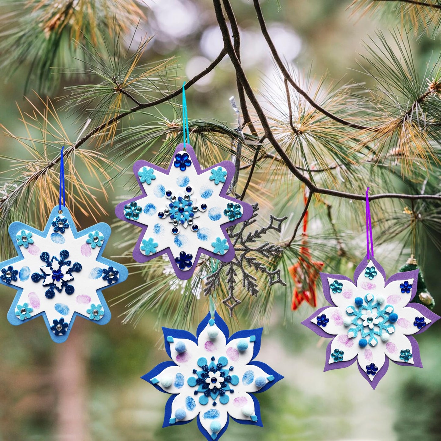 MLOLM 30 Sets Thumbprint Snowflake Craft Kit Christmas Thumbprint Ornament Kit Make Your Own Snowflake Sticker for Winter Christmas Frozen Home Activities Party Favors