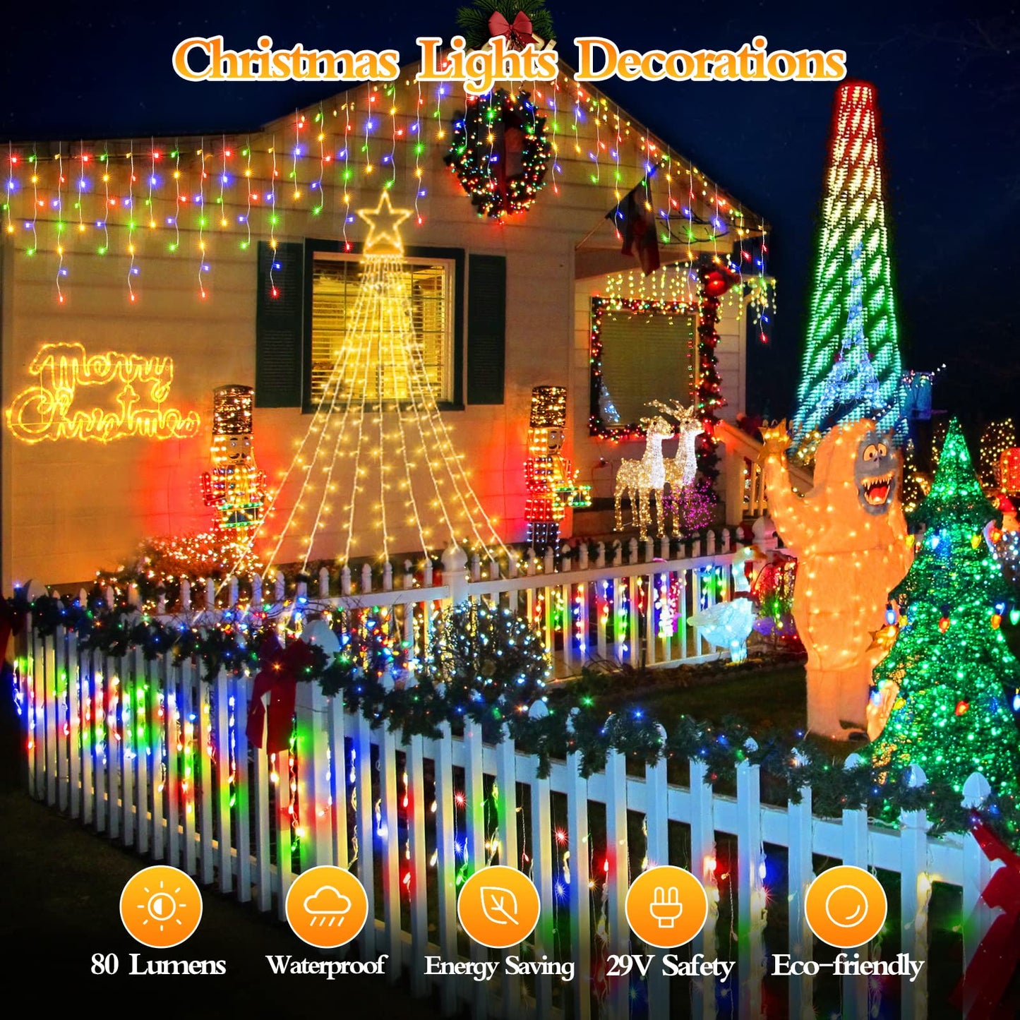 FLVOECN 98FT 960 LED Christmas Lights, Waterproof 8 Modes Ice Lights for Outside with Memory and Timer Hanging Fairy Lights Plug-in Curtain String Lights for Holiday Party Wedding Home (Multicolor)
