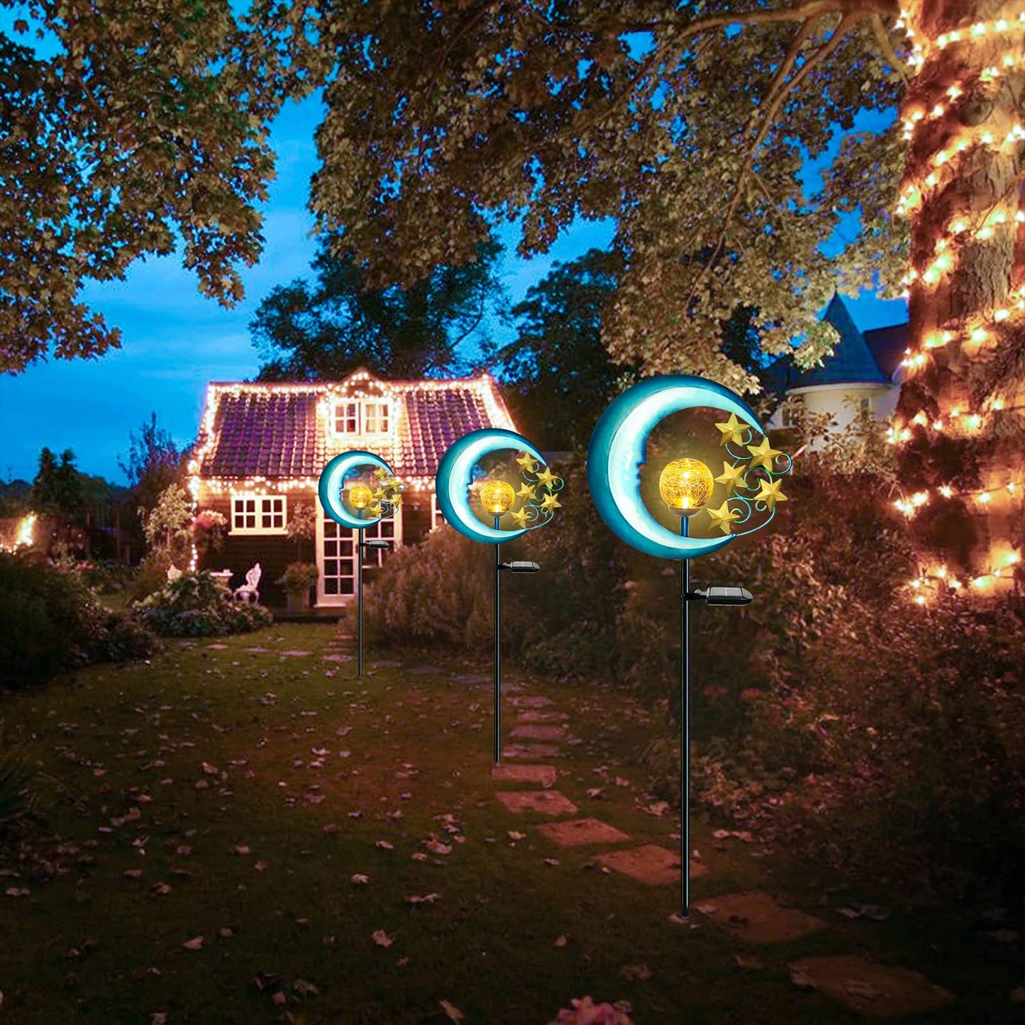 EPROSMIN Stars Moon Solar Lights Outdoor - Solar Powered Garden Lights Decorative Crackle Glass Globe Led Waterproof Landscape Lighting for Pathway,Yard,Lawn,Patio