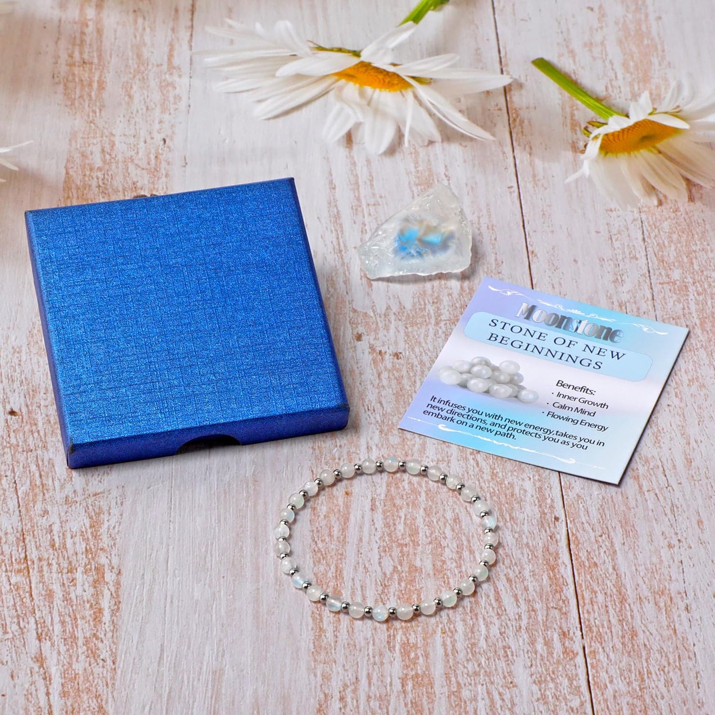 QOGIR Moonstone - New Beginnings - Stainless Silver Beads Natural Gemstone Stretch Elastic Dainty Healing Beaded Bracelets Gifts 4mm
