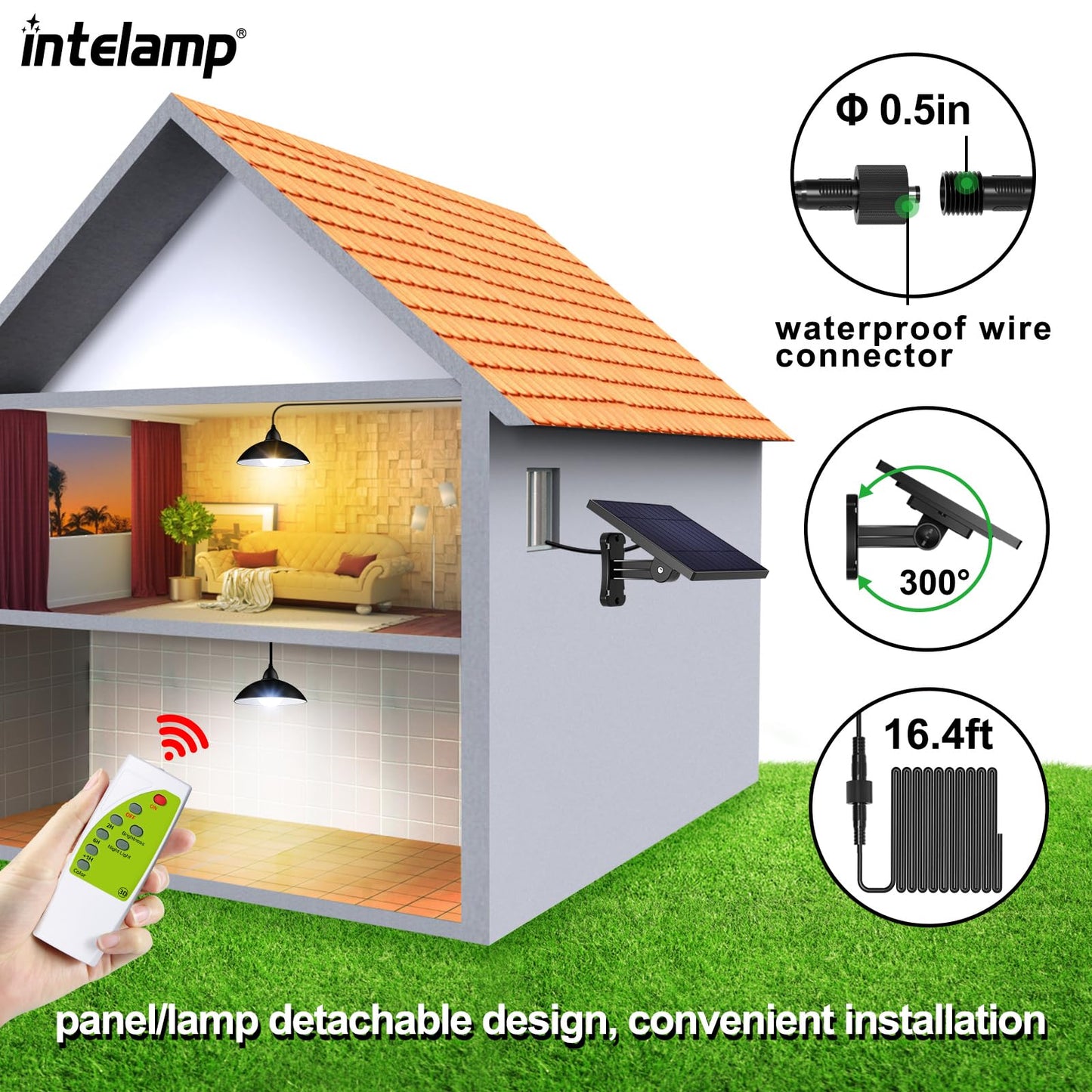 intelamp Solar Pendant Lights Indoor Outdoor, 4000mAh Gazebo Shed Chandeliers with Remote All Day/Night Mode 16.4Ft Hanging Warm White Lighting for Outside Barns Chicken Coop