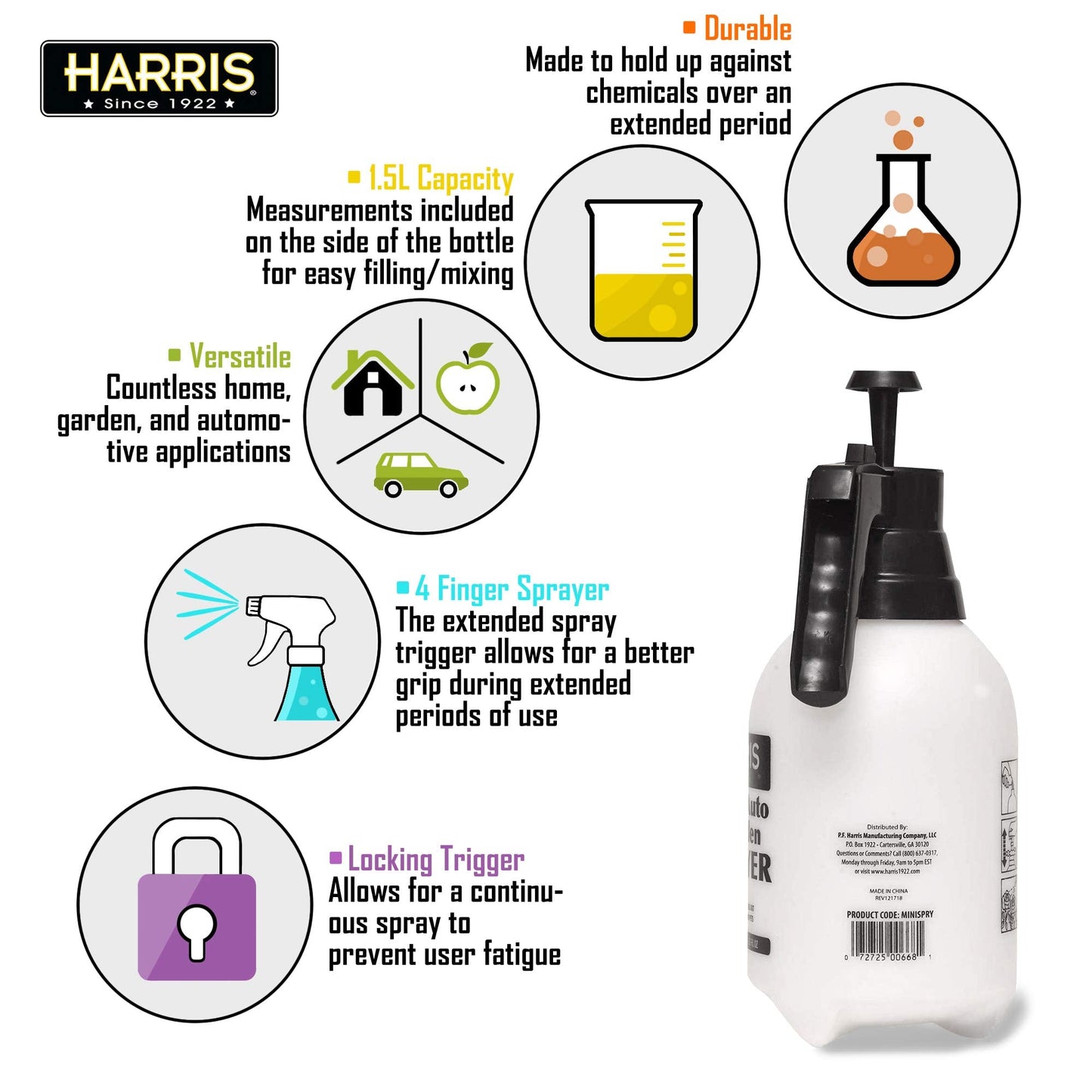 HARRIS Continuous Hand Pump Pressure Sprayer for Home, Lawn, Garden, Car Detailing and More, 1.5L
