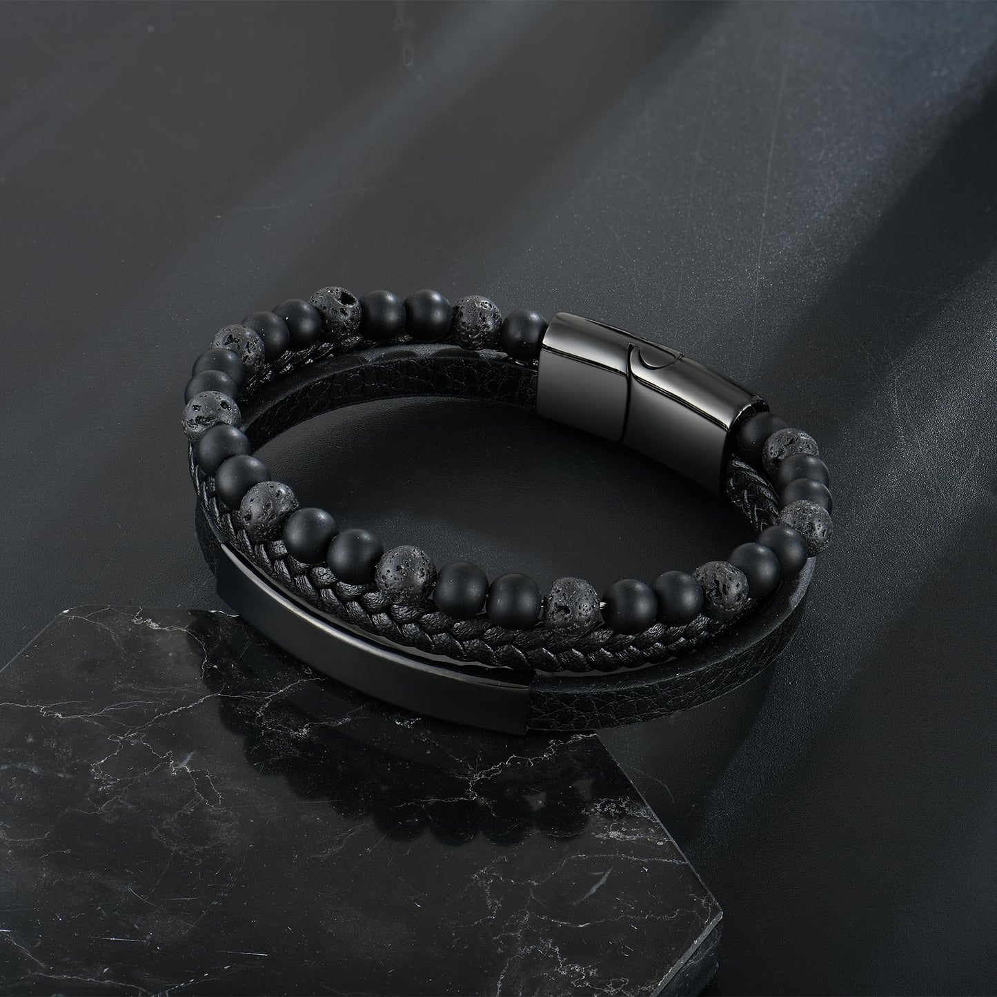 Raymard Mens Tiger Eye Matee Black Onyx Lava Rock Volcanic Stone Beaded Bracelet, Black Braided Leather Bracelet for Men-Matee Black Onyx&Lava Rock