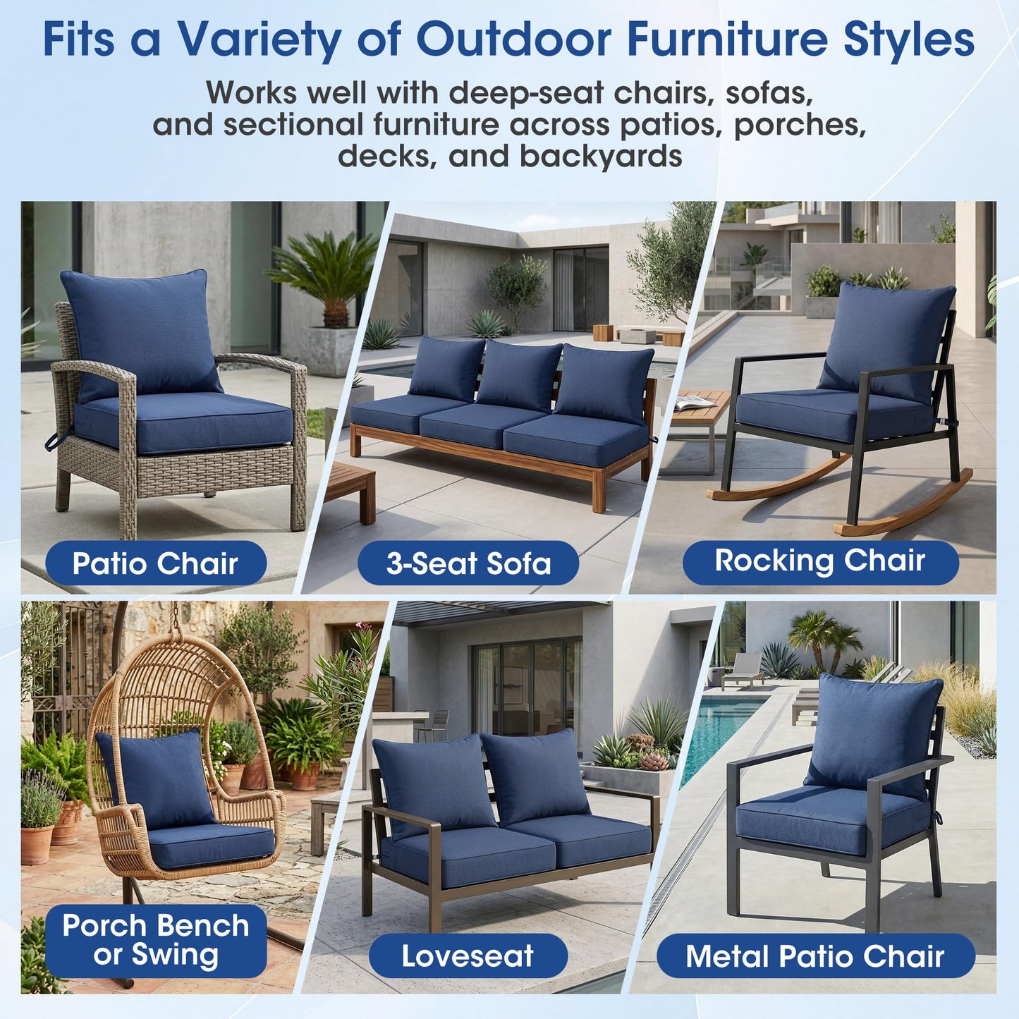 Domvaranique Patio Furniture Cushion Set, 24 x 24 x 6 Extra Thick Deep Seat Outdoor Chair Cushions for Patio Furniture, Olefin Replacement Set, Water Resistant, Removable Cover, Ties and Handle, Blue