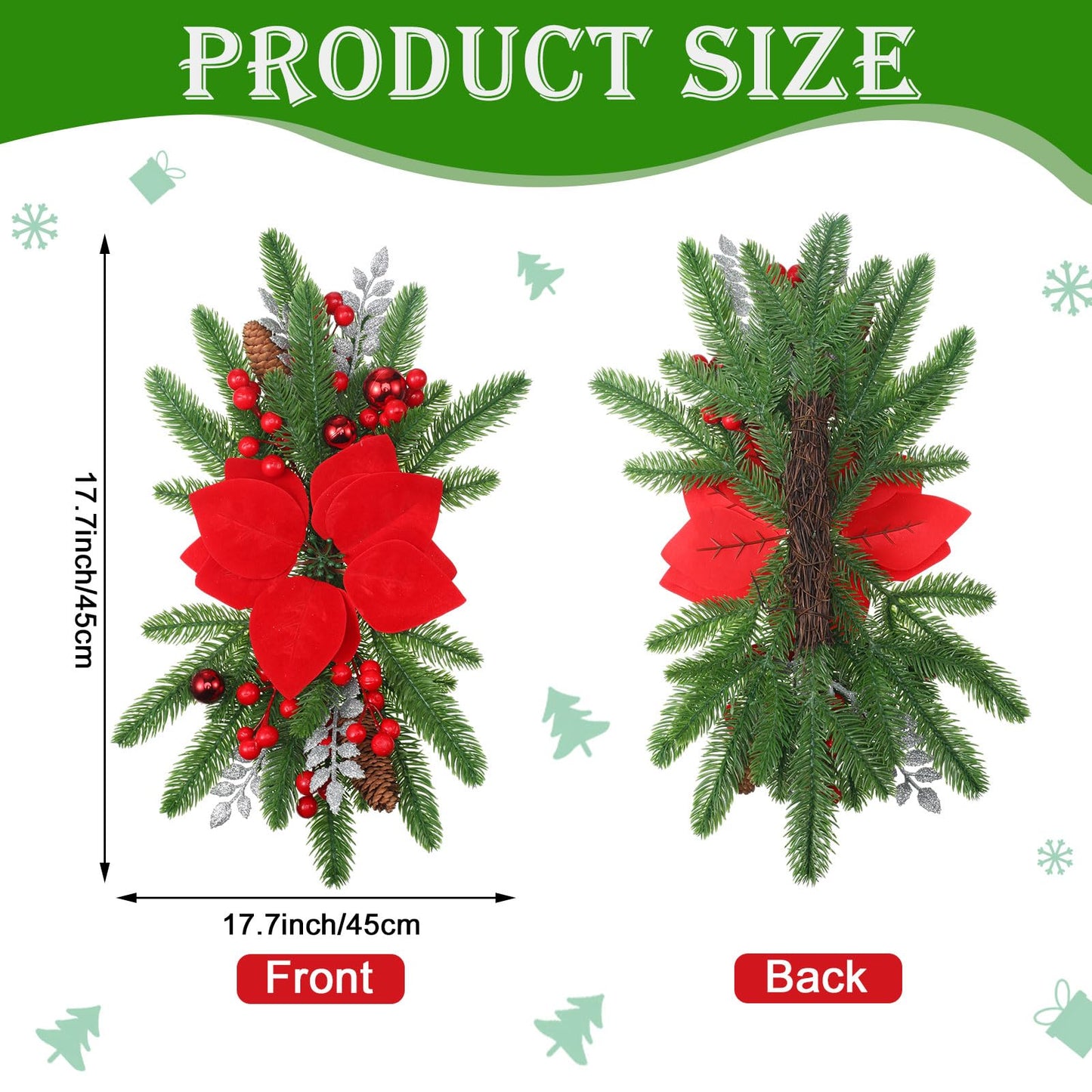 Hotop 3 Pcs Artificial Christmas Swag 17.7" Prelit Teardrop Christmas Swags for Stairs Xmas Garland with Lights for Decorating Outdoor Front Door Window Home(Red)