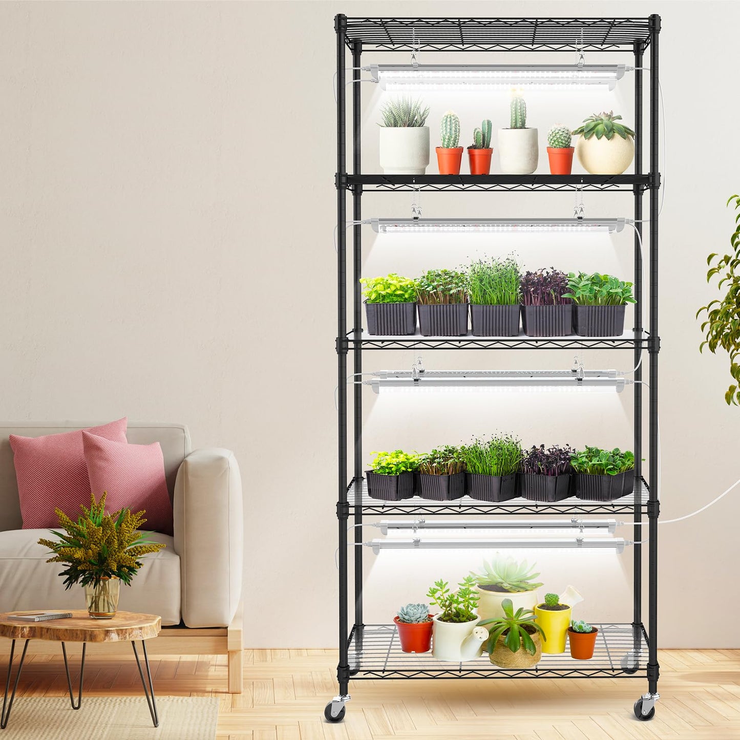 SOLIGT Plant Shelf with Grow Lights, 5 Tier Grow Light Stand Rack with 8 Pack 2FT 6000K T8 Full Spectrum Led Grow Lights for Indoor Plants, Seed Starting, Seedling Growing, Timer Included